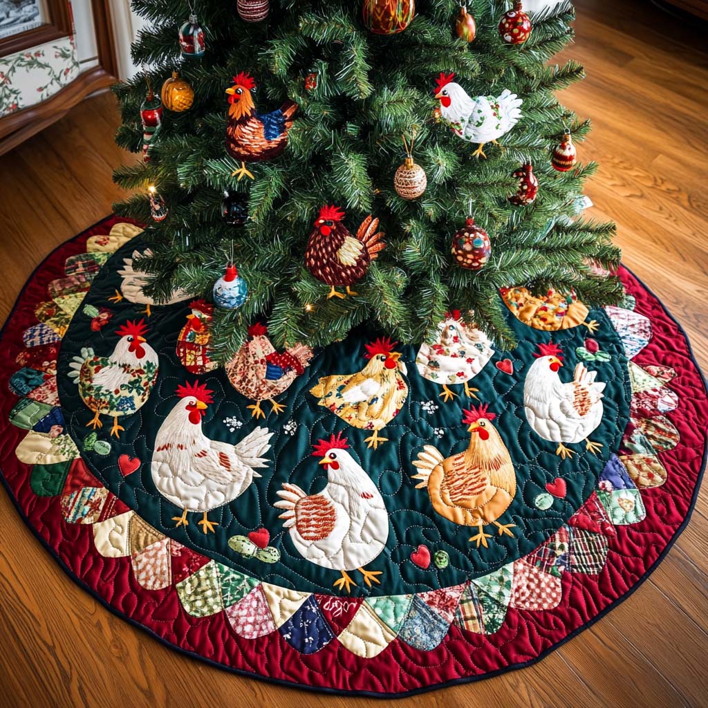 Cheerful Chicks Christmas Quilted Tree Skirt Xmas Under-Tree Decoration