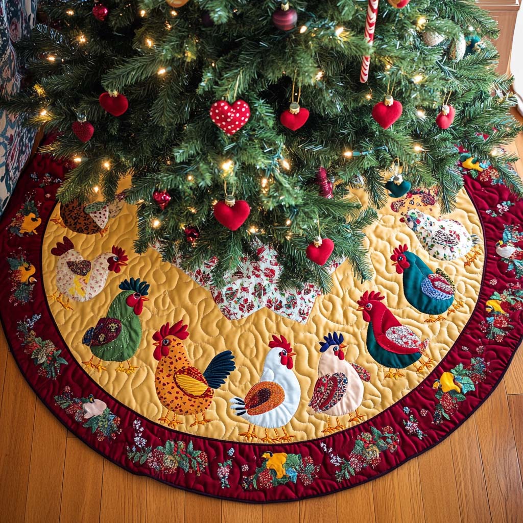 Cheerful Christmas Cluckers Christmas Quilted Tree Skirt Family Holiday Gathering Decor
