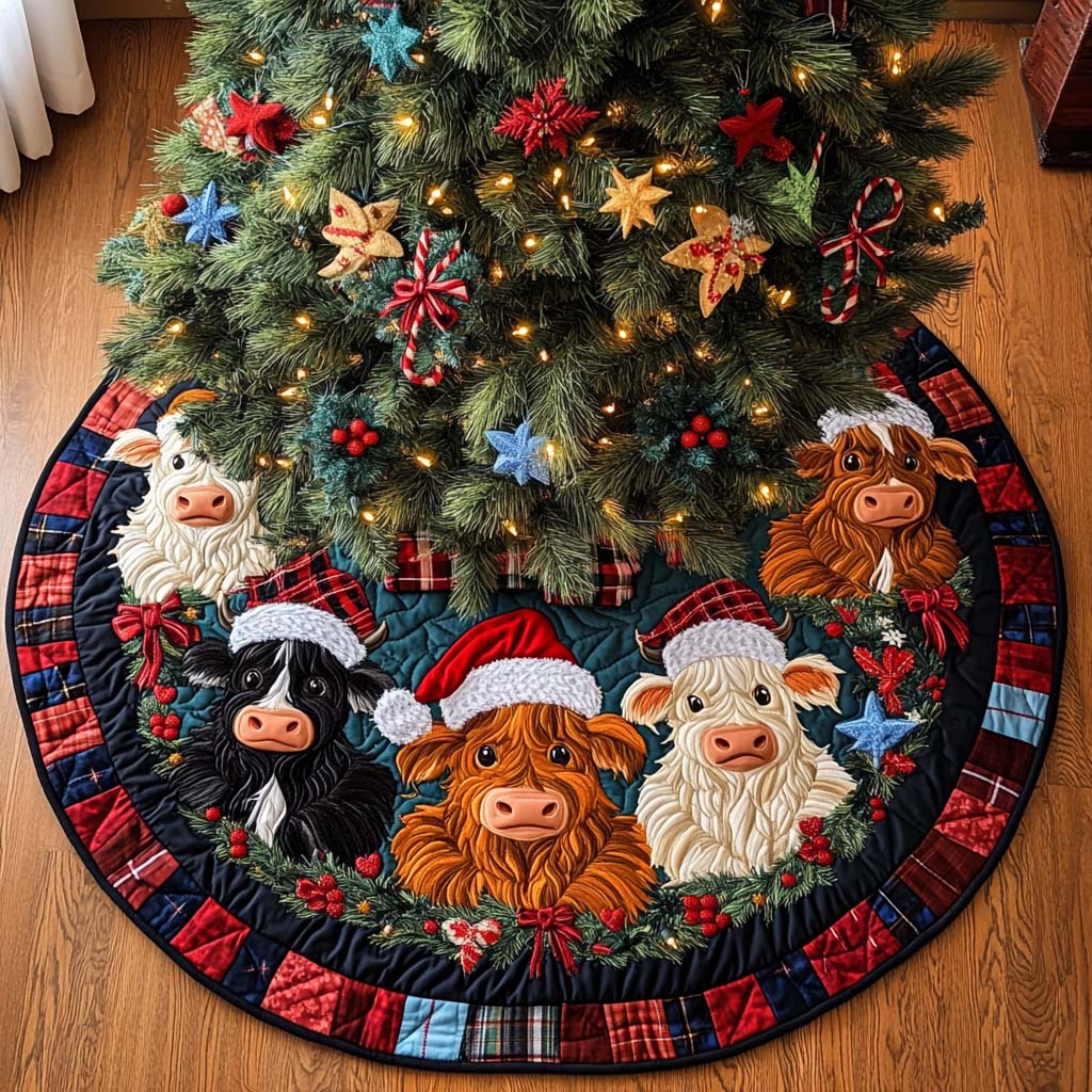 Cheerful Clan Christmas Quilted Tree Skirt Colorful Quilted Tree Skirt for a Joyful Holiday Atmosphere