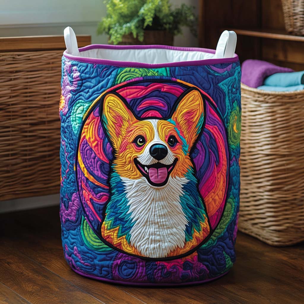 Cheerful Corgi Quilted Laundry Basket Merch For Couples