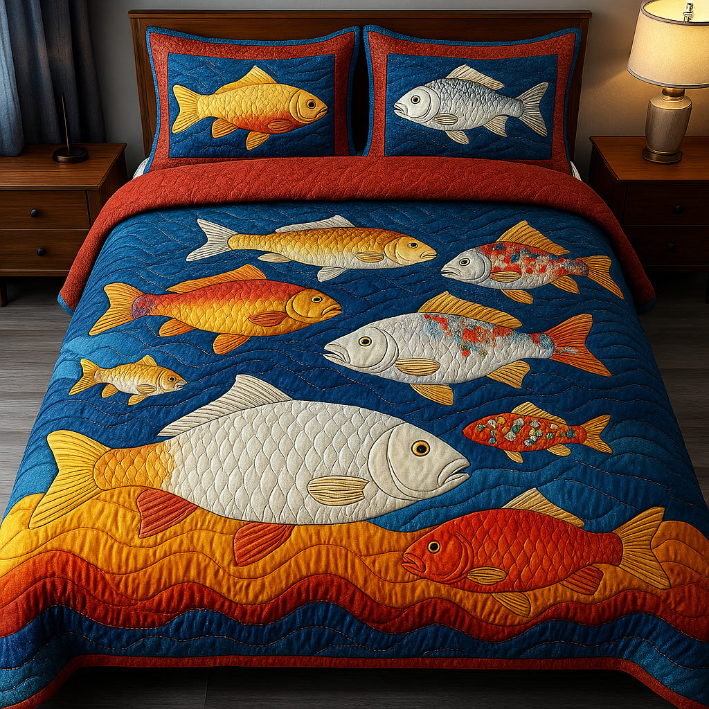 Cheerful Fishes Quilted Bedding Set Duvet Cover Bed Sheet Best Fishing Gifts