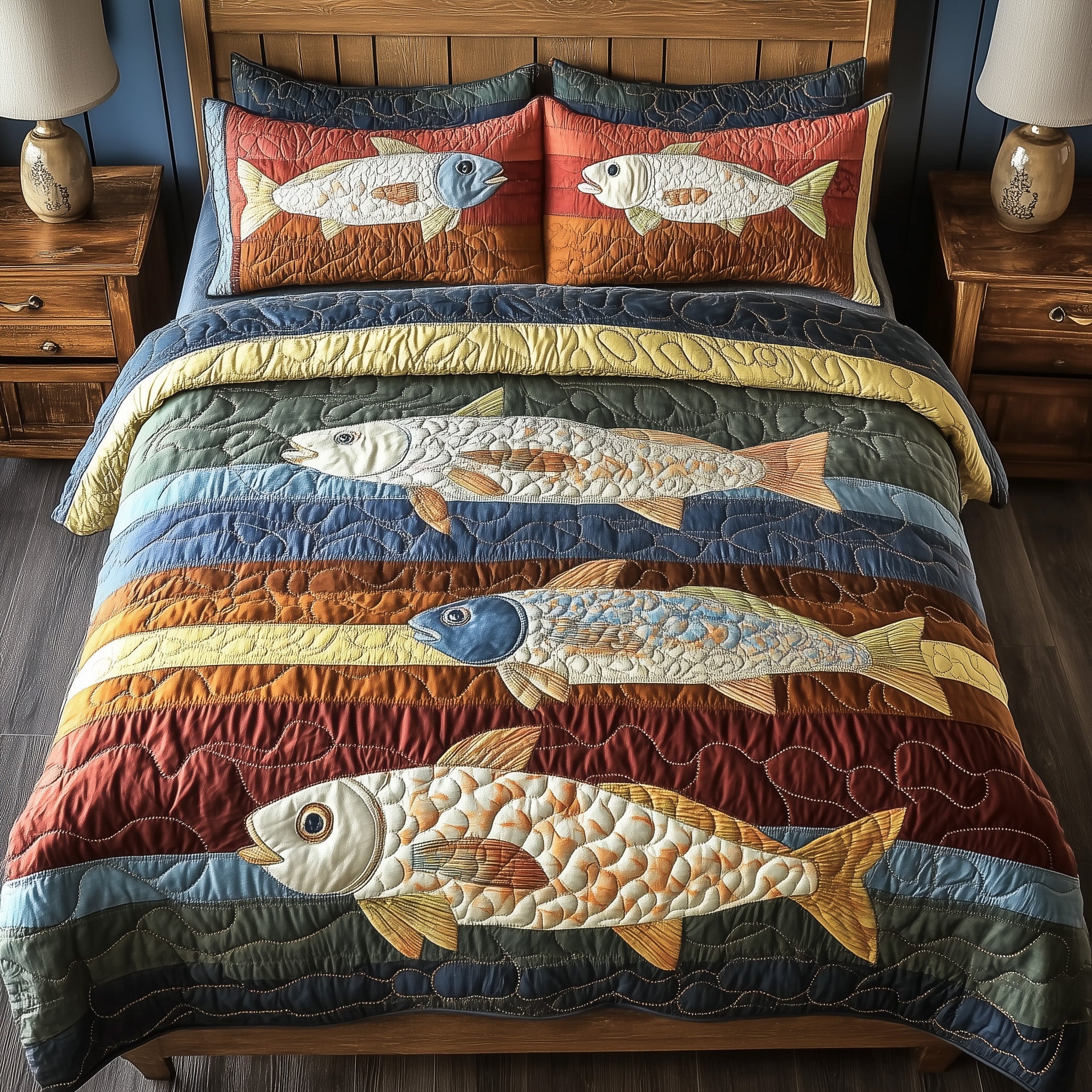 Cheerful Fishes Quilted Bedding Set Duvet Cover Bed Sheet Best Fishing Stuff Theme Gifts