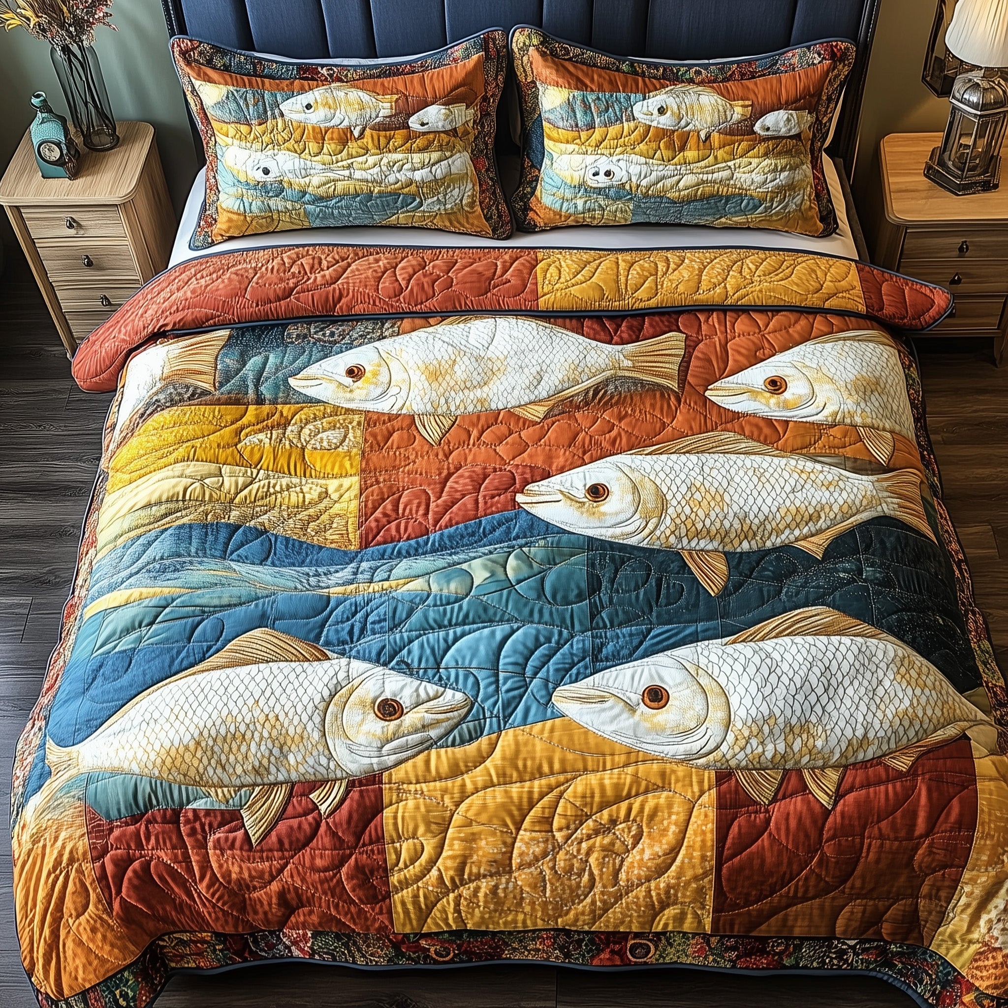Cheerful Fishes Quilted Bedding Set Duvet Cover Bed Sheet Best Gifts For Fisherman