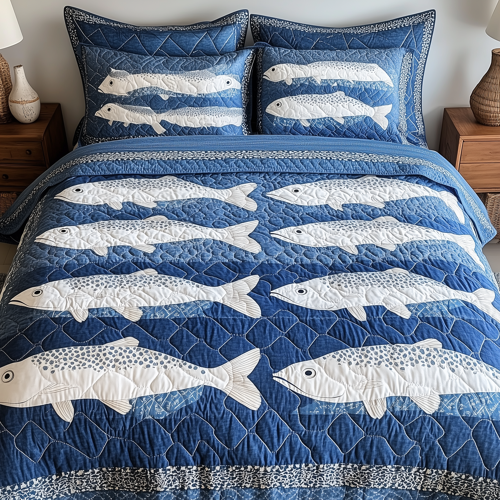 Cheerful Fishes Quilted Bedding Set Duvet Cover Bed Sheet Cool Gifts For Fishing Lovers