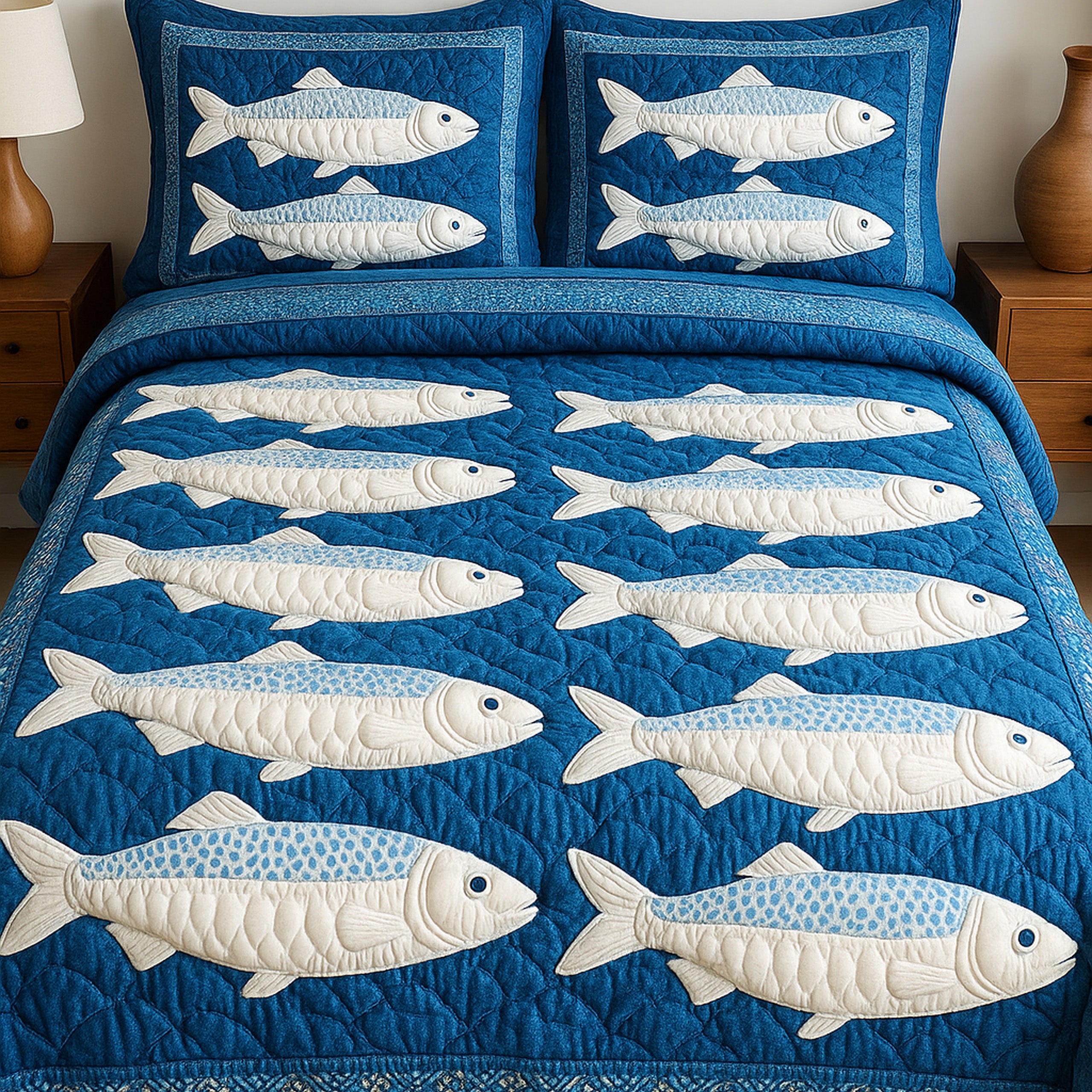 Cheerful Fishes Quilted Bedding Set Duvet Cover Bed Sheet Fishing Gifts For Dad