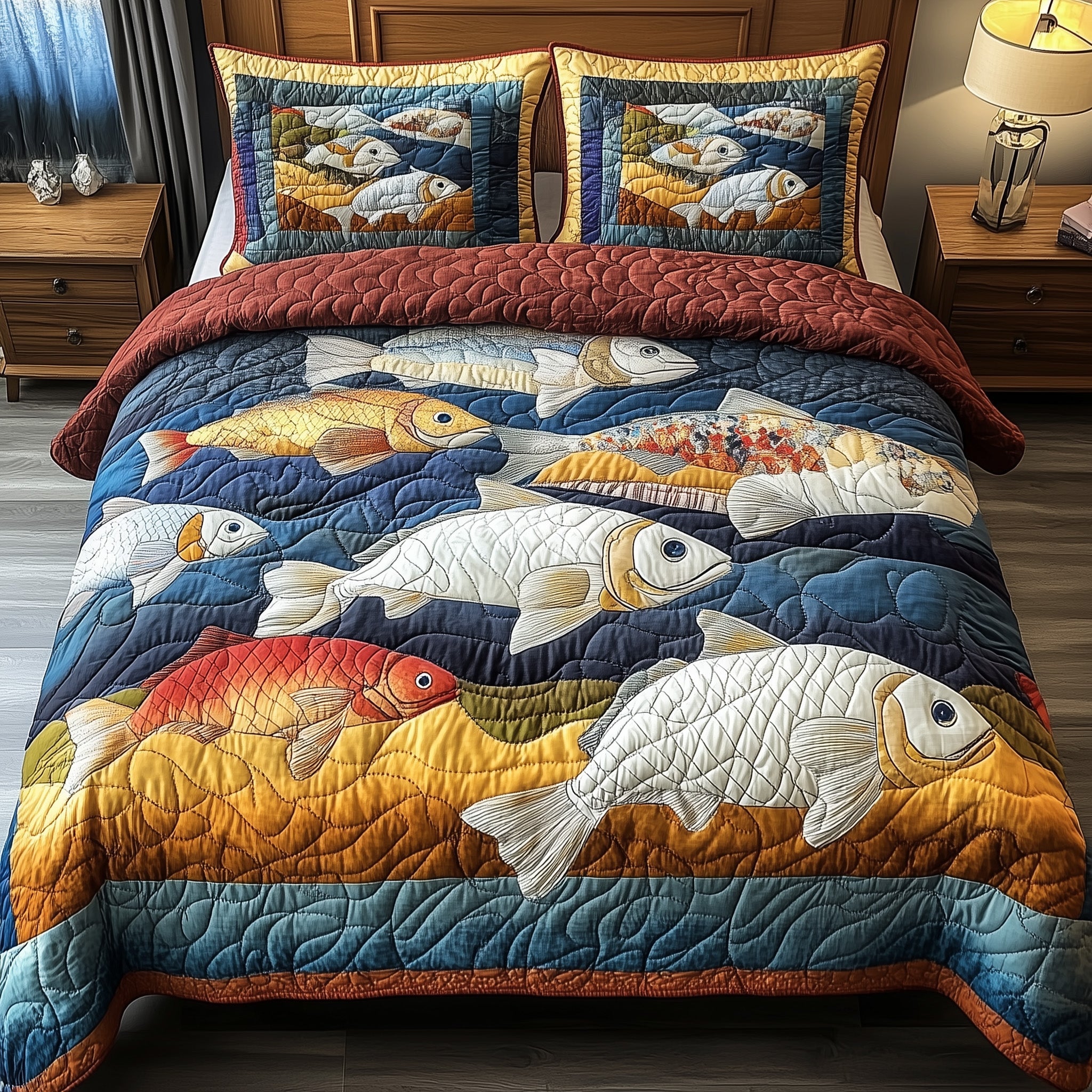 Cheerful Fishes Quilted Bedding Set Duvet Cover Bed Sheet Gifts For Fishing Lovers