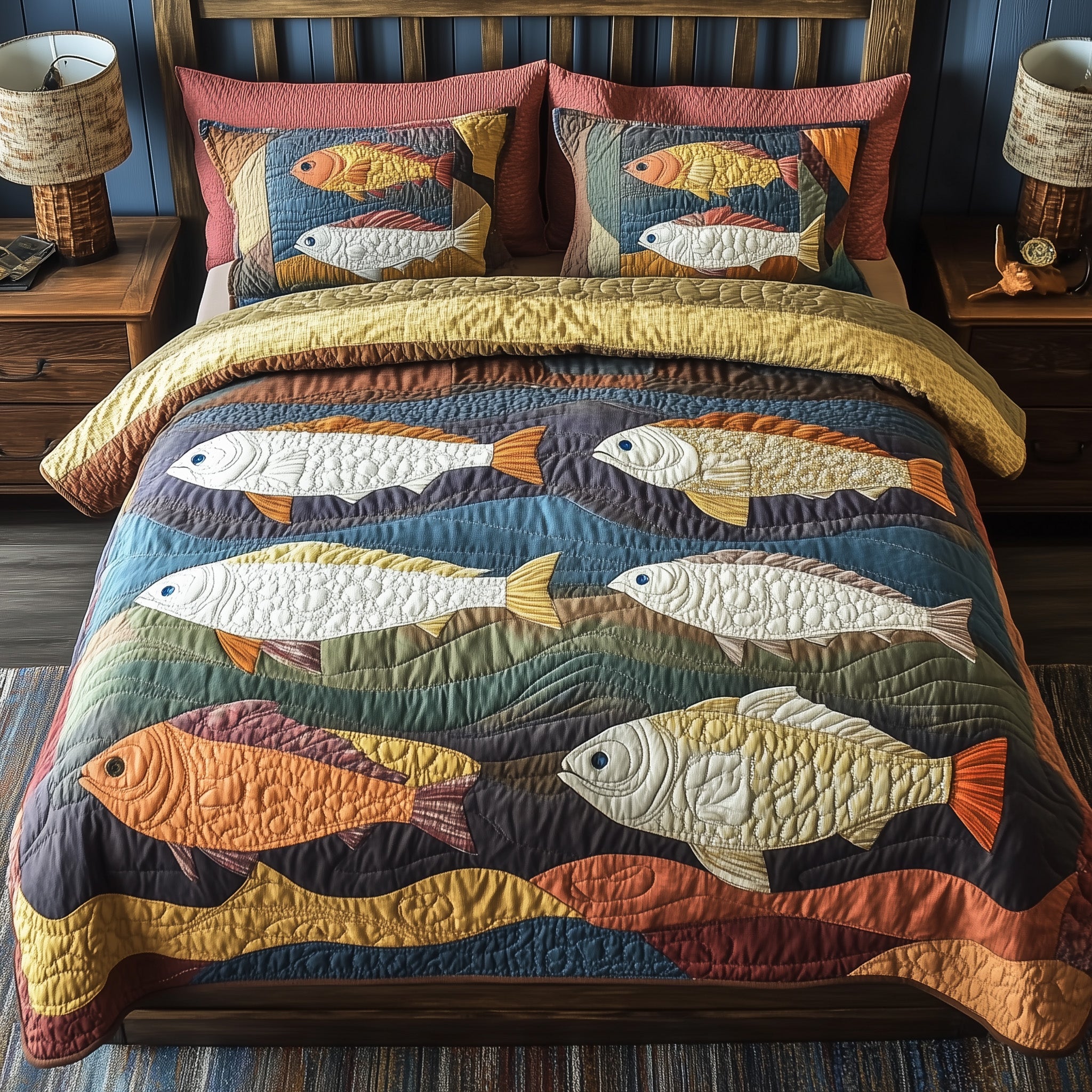 Cheerful Fishes Quilted Bedding Set Duvet Cover Bed Sheet Gifts For Someone Who Loves Fishing