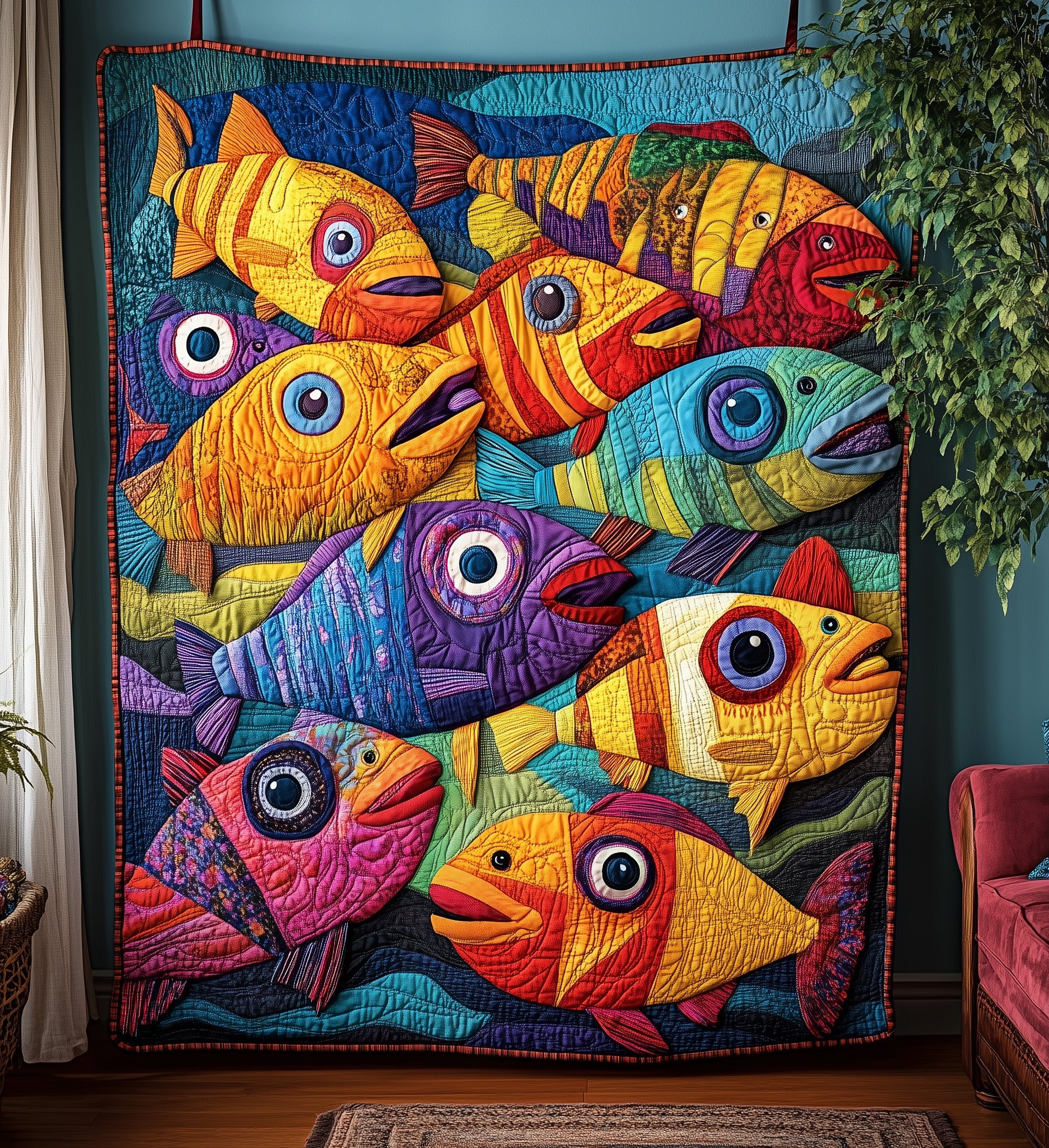 Cheerful Fishes Quilted Blanket Nice Throw BlanketCool Gifts For Fishermen
