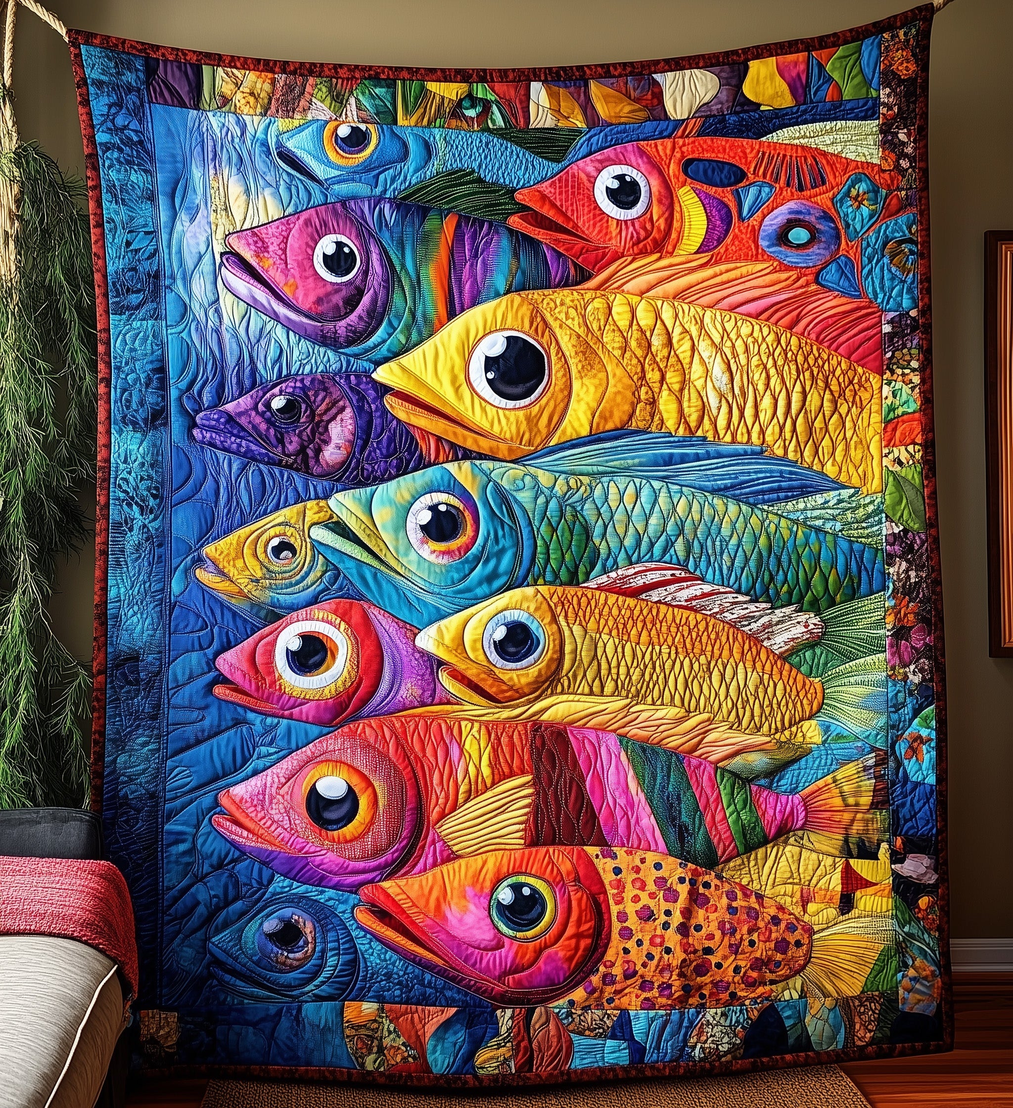 Cheerful Fishes Quilted Blanket Nice Throw BlanketFather's Day Gifts For Fisherman