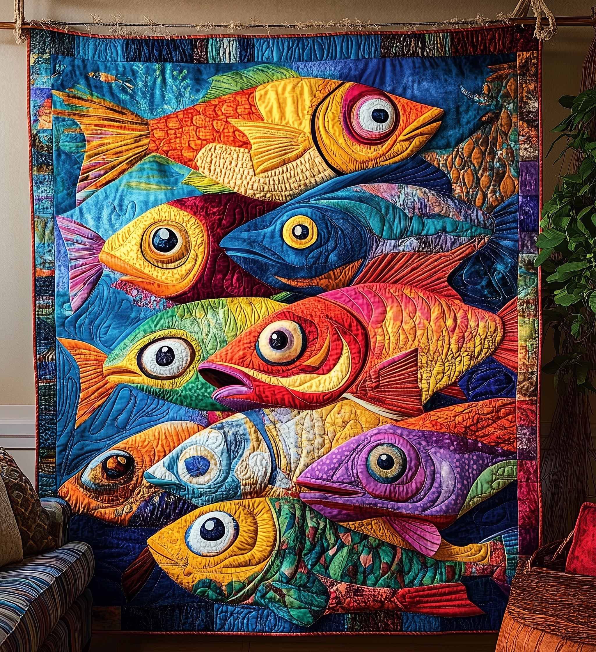 Cheerful Fishes Quilted Blanket Nice Throw BlanketFishing Gift Ideas For Him