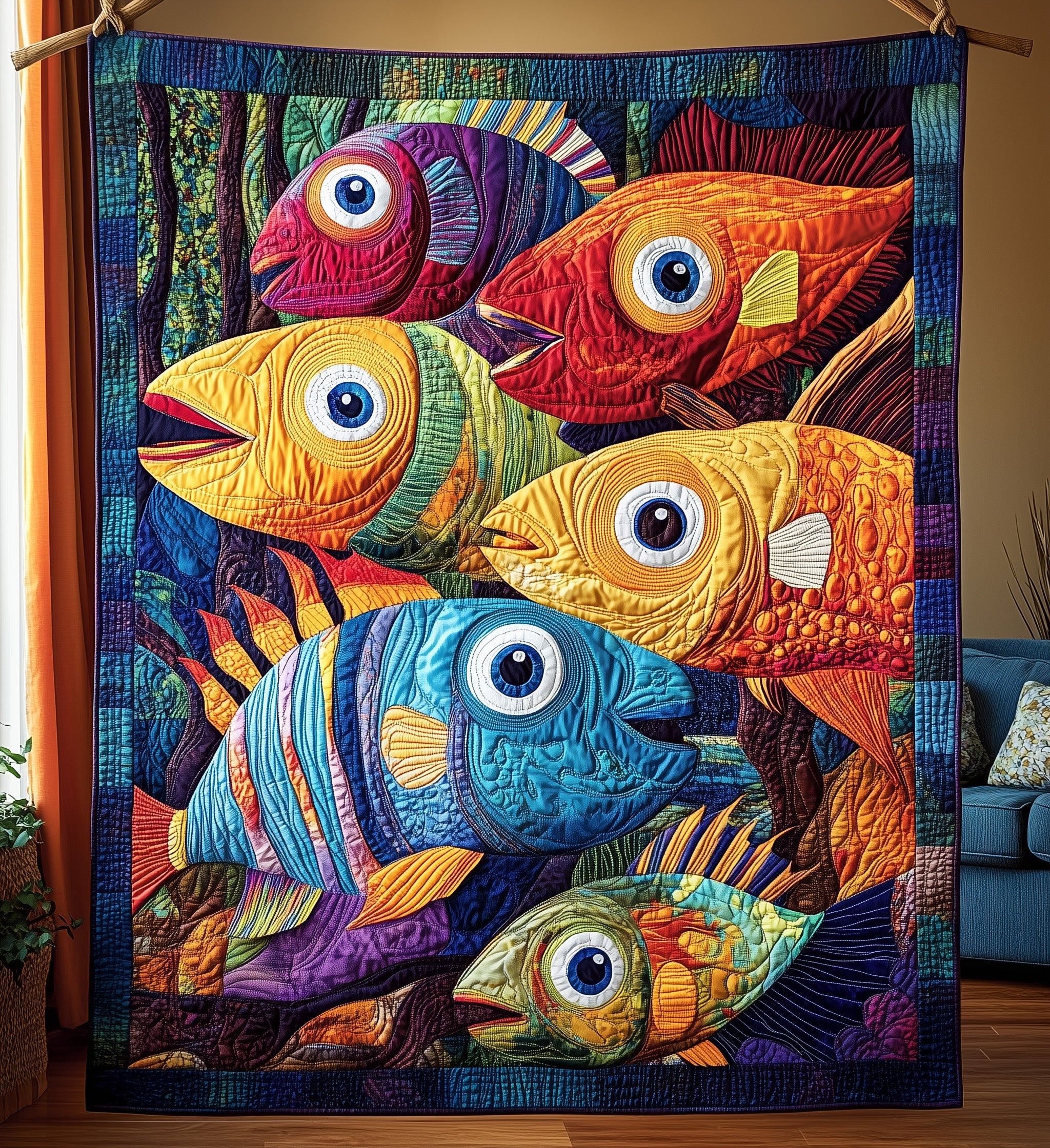 Cheerful Fishes Quilted Blanket Nice Throw BlanketFishing Related Gifts