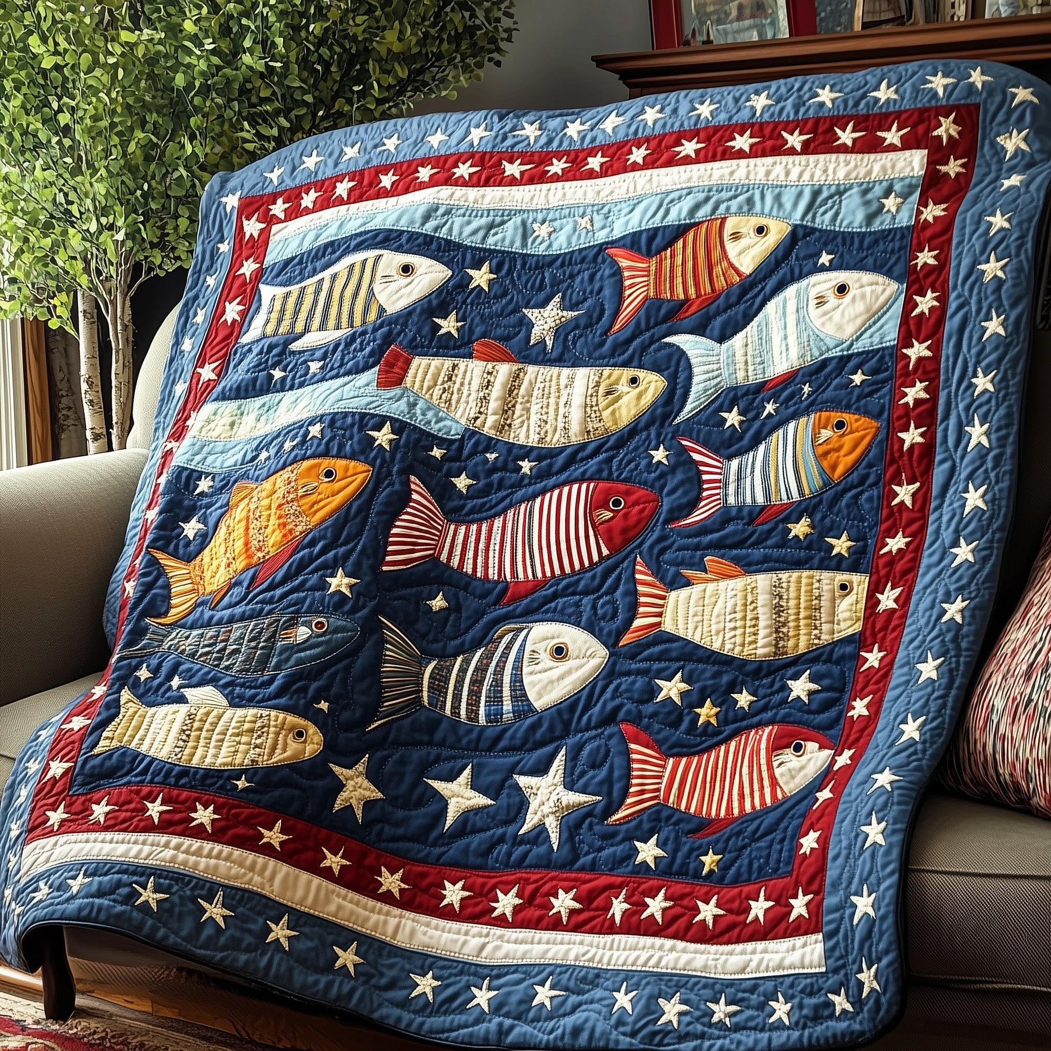 Cheerful Fishes Quilted Blanket Nice Throw BlanketGift Ideas For Fishing Lovers