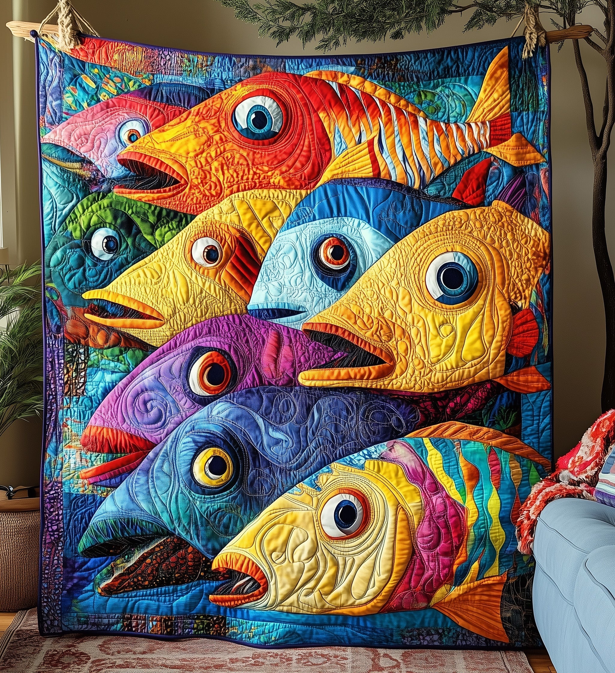 Cheerful Fishes Quilted Blanket Nice Throw BlanketUnique Gifts For Fishermen