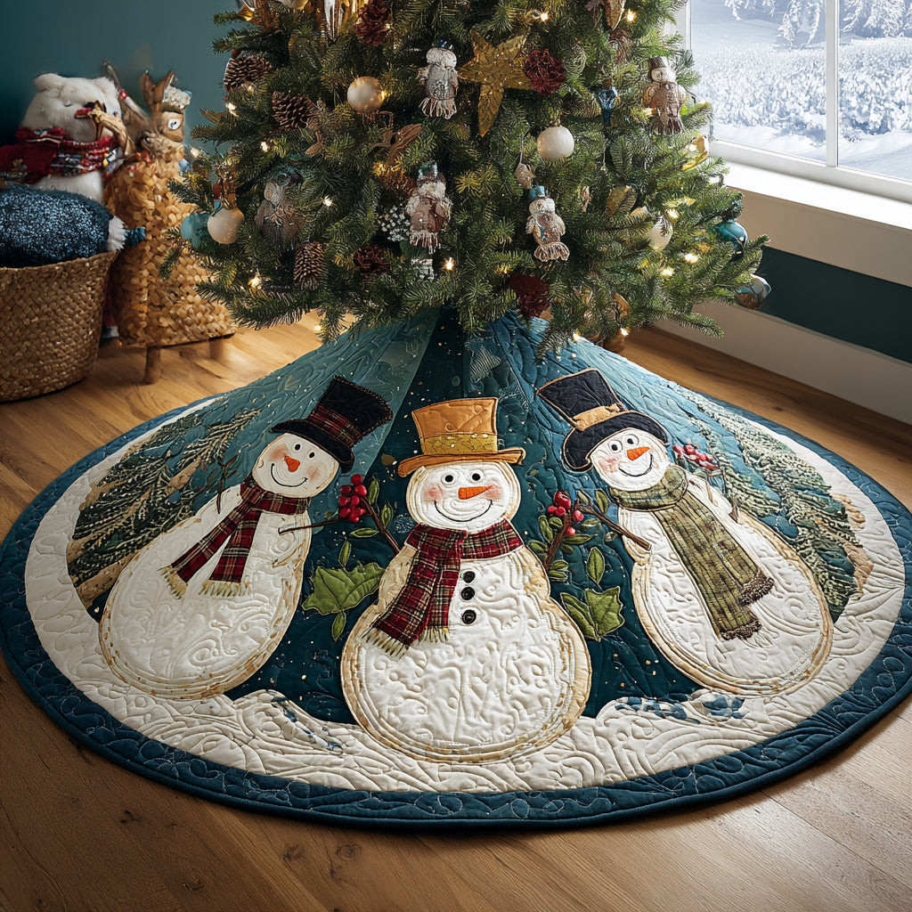 Cheerful Frost Christmas Quilted Tree Skirt Xmas Decor Snowman Lover Christmas Gifts