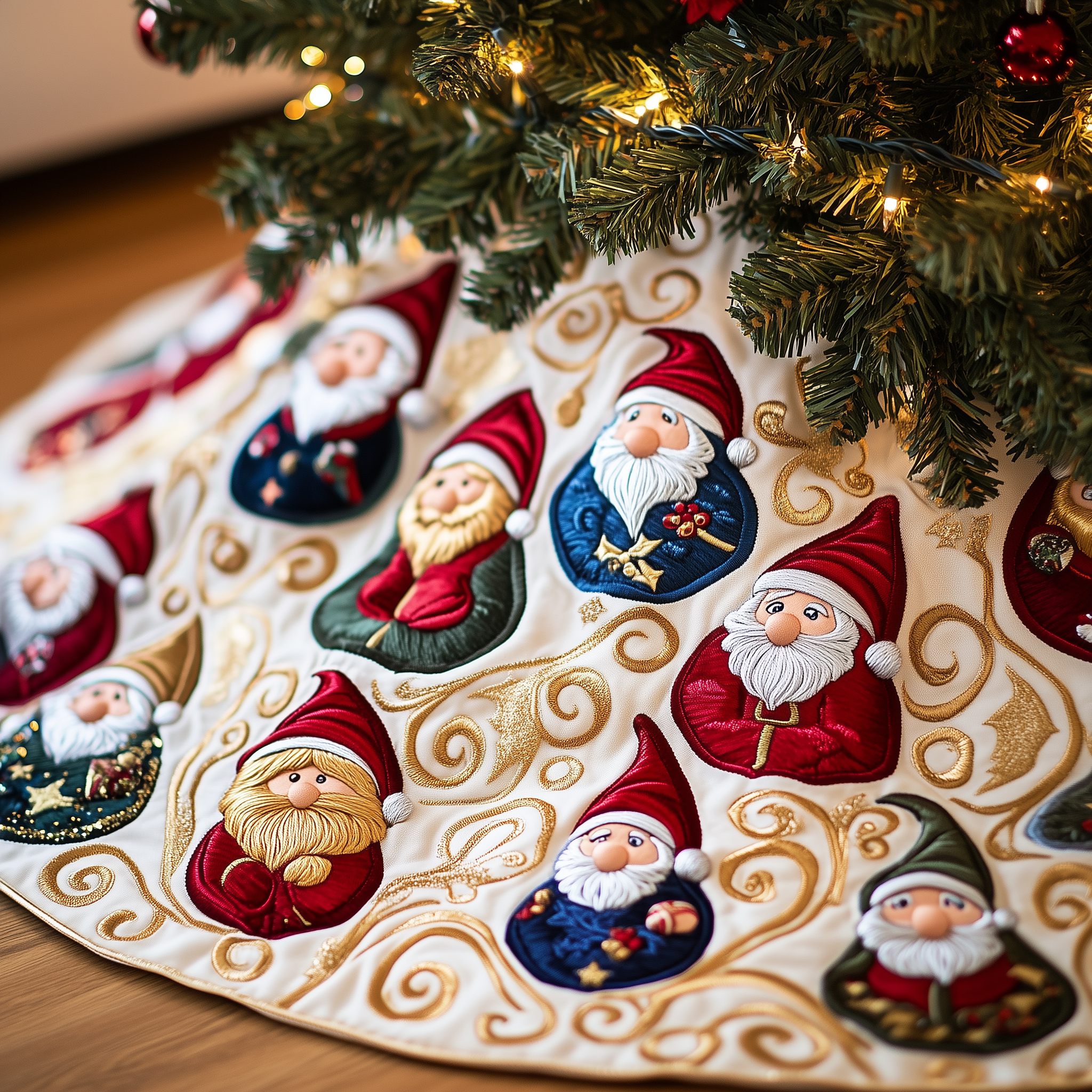 Cheerful Gnomes Quilted Tree Skirt Christmas Tree Base Cover Inexpensive Christmas Gifts For Family