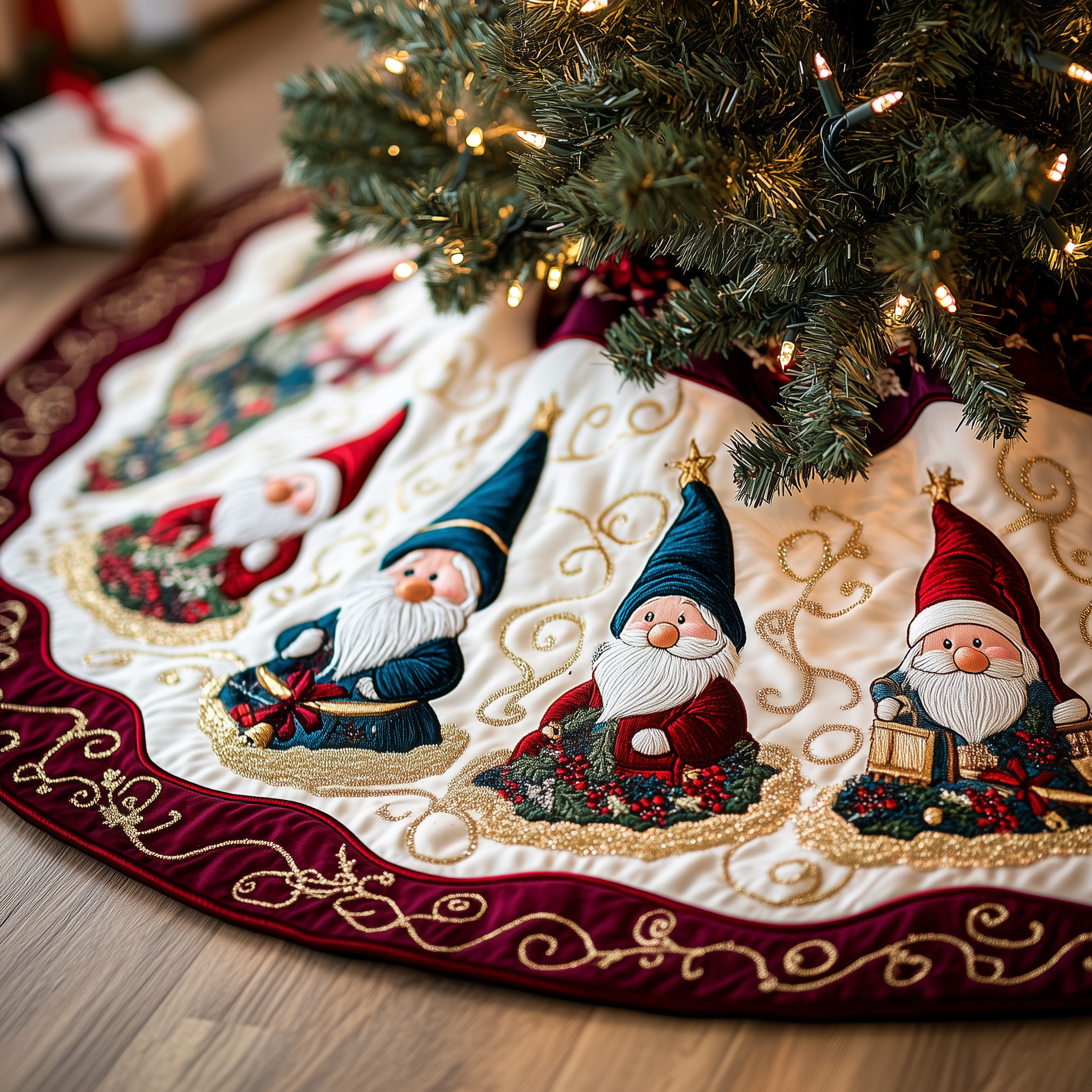 Cheerful Gnomes Quilted Tree Skirt Joyful Holiday Season Gift Merch