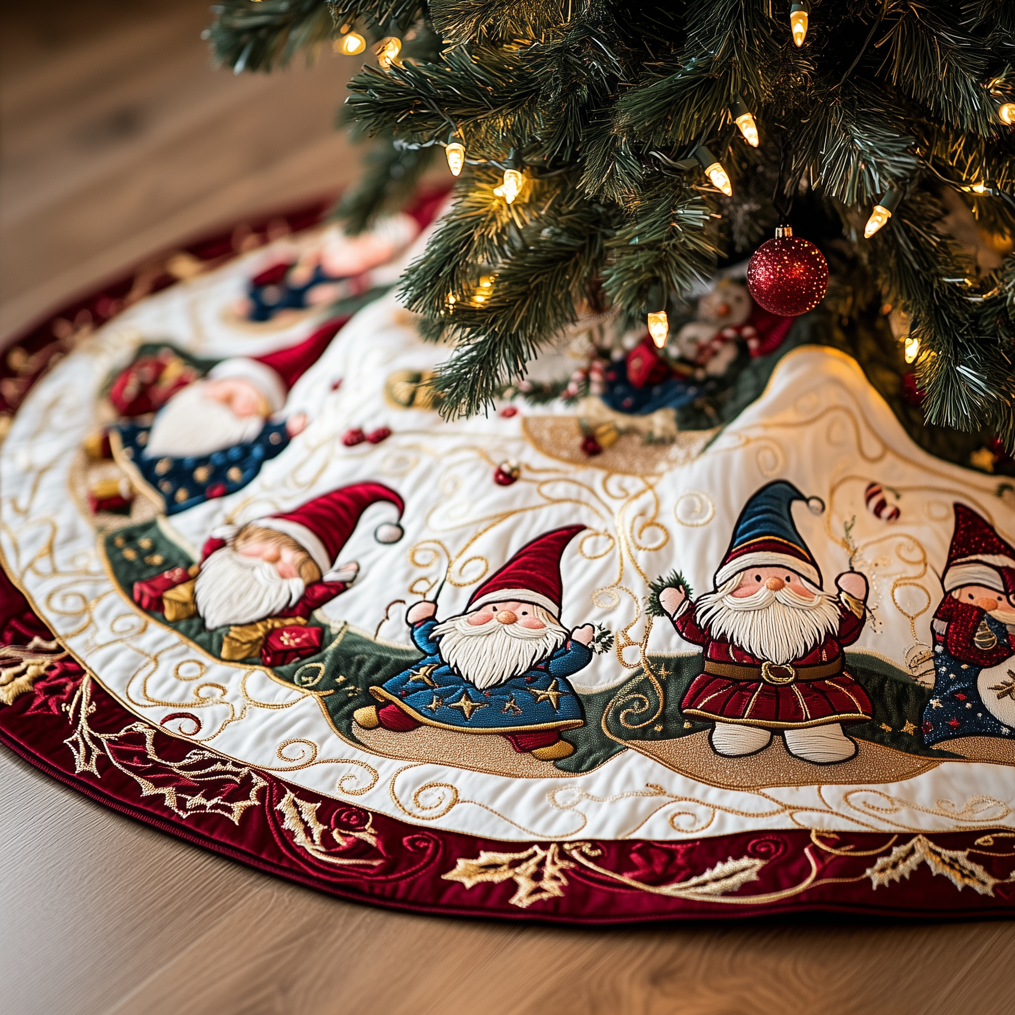 Cheerful Gnomes Quilted Tree Skirt Must-Have Holiday Decor Merch