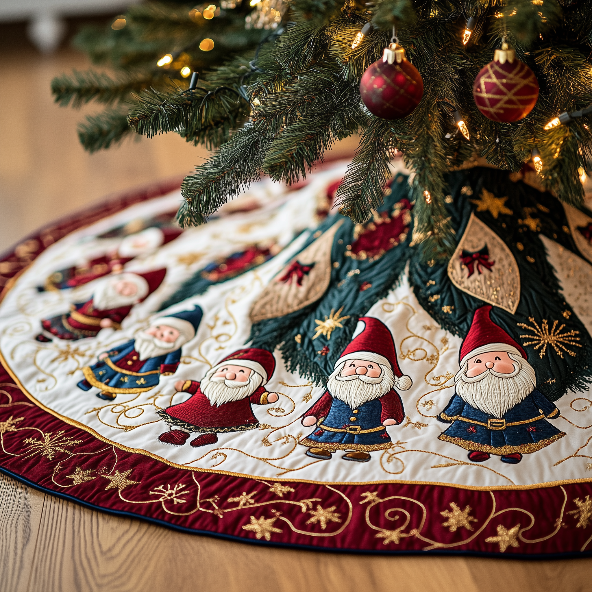 Cheerful Gnomes Quilted Tree Skirt Perfect Gift Merch For Her