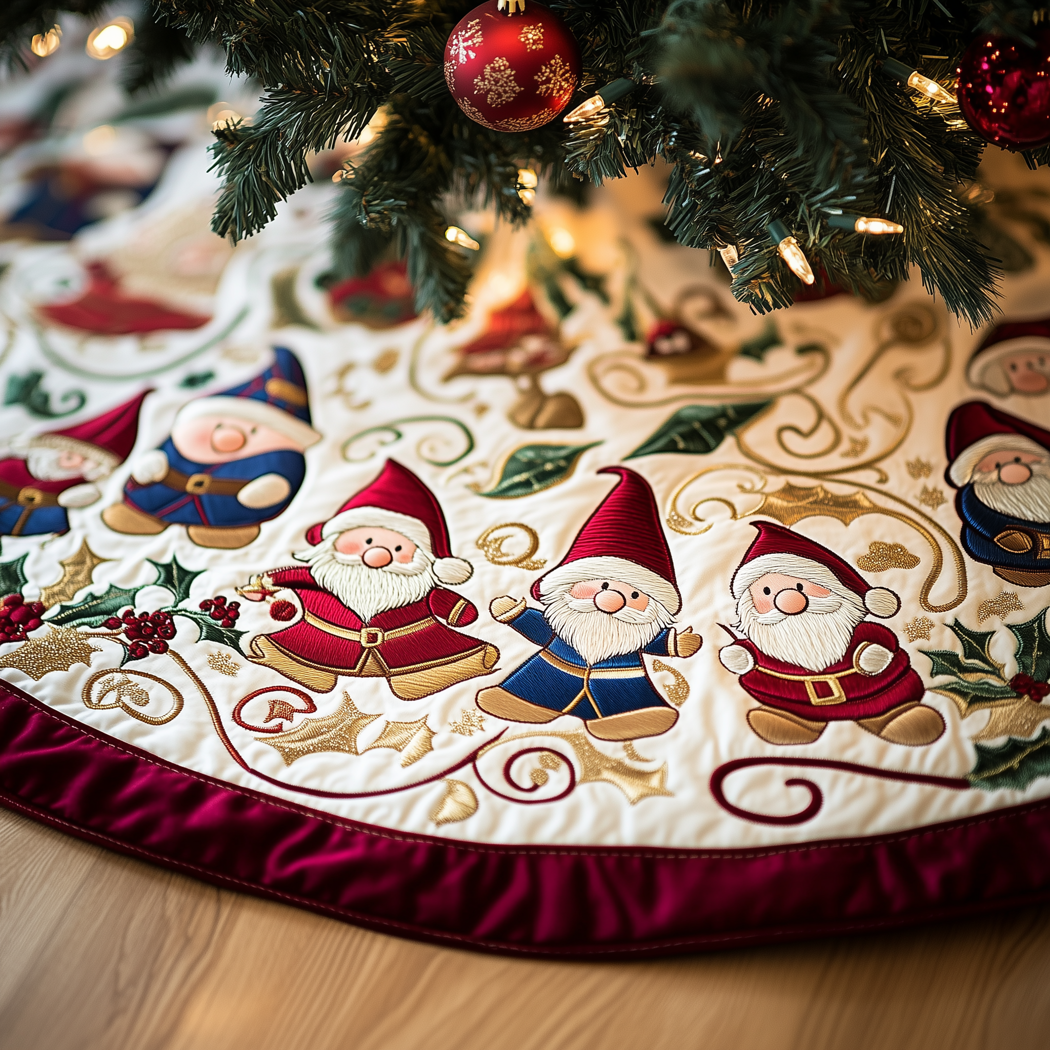 Cheerful Gnomes Quilted Tree Skirt Unique Gift Merch For Friends