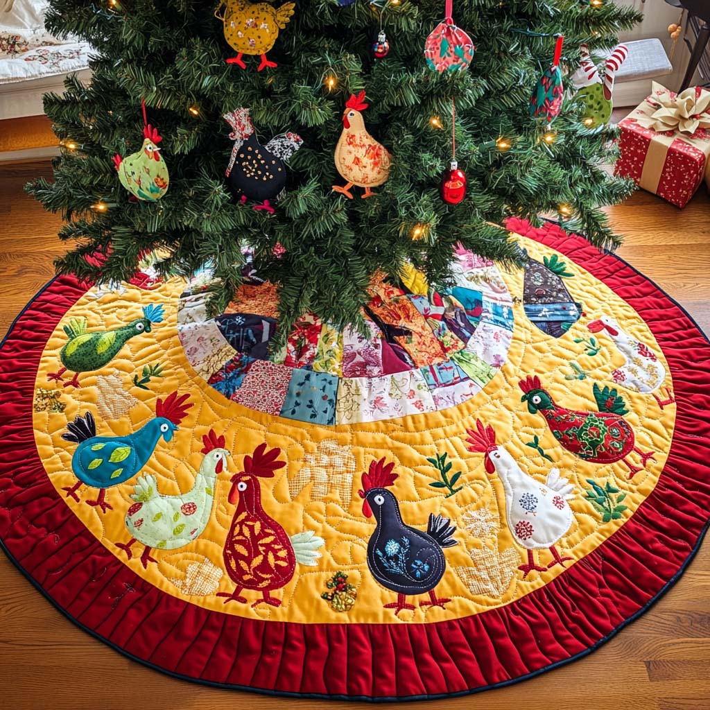 Cheerful Hens Christmas Quilted Tree Skirt Must Have Holiday Merch for Christmas Decor