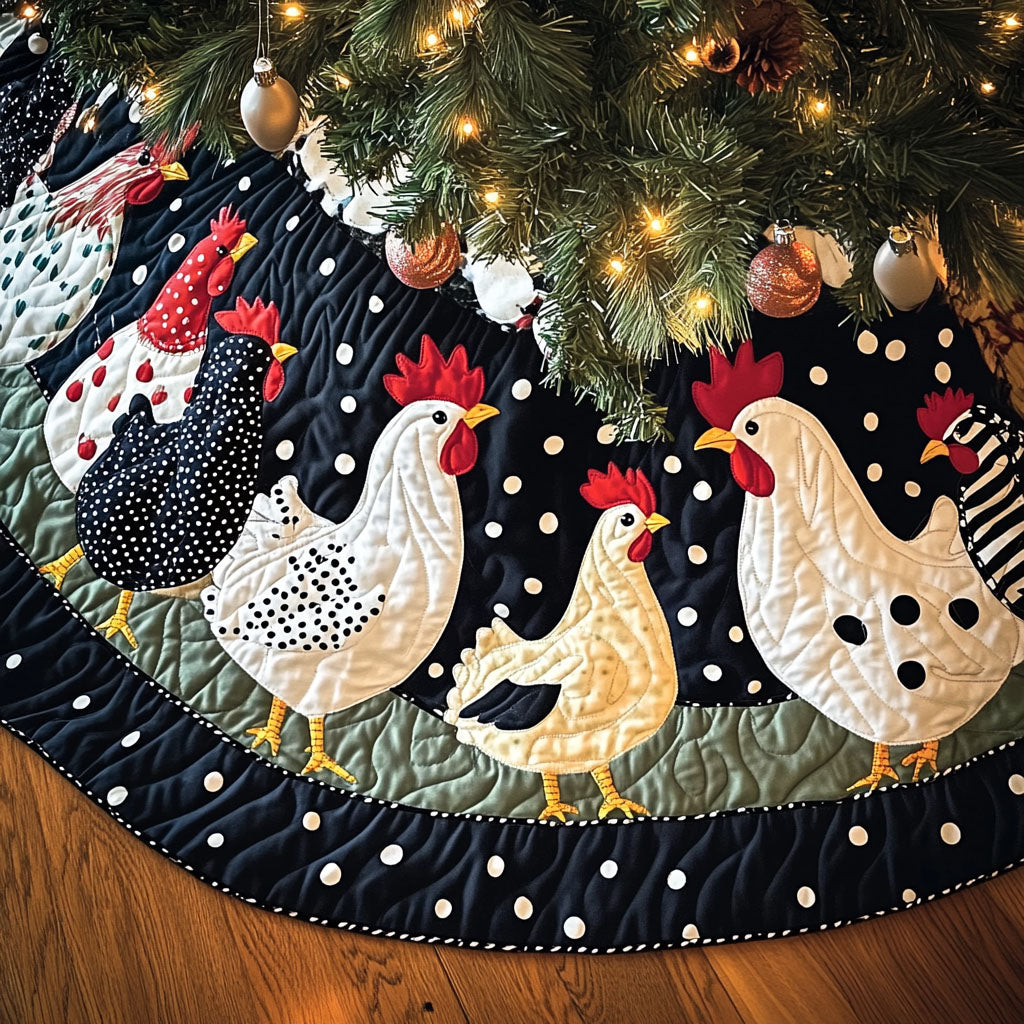 Cheerful Hens Quilted Christmas Tree Skirt Under-Tree Christmas Decor