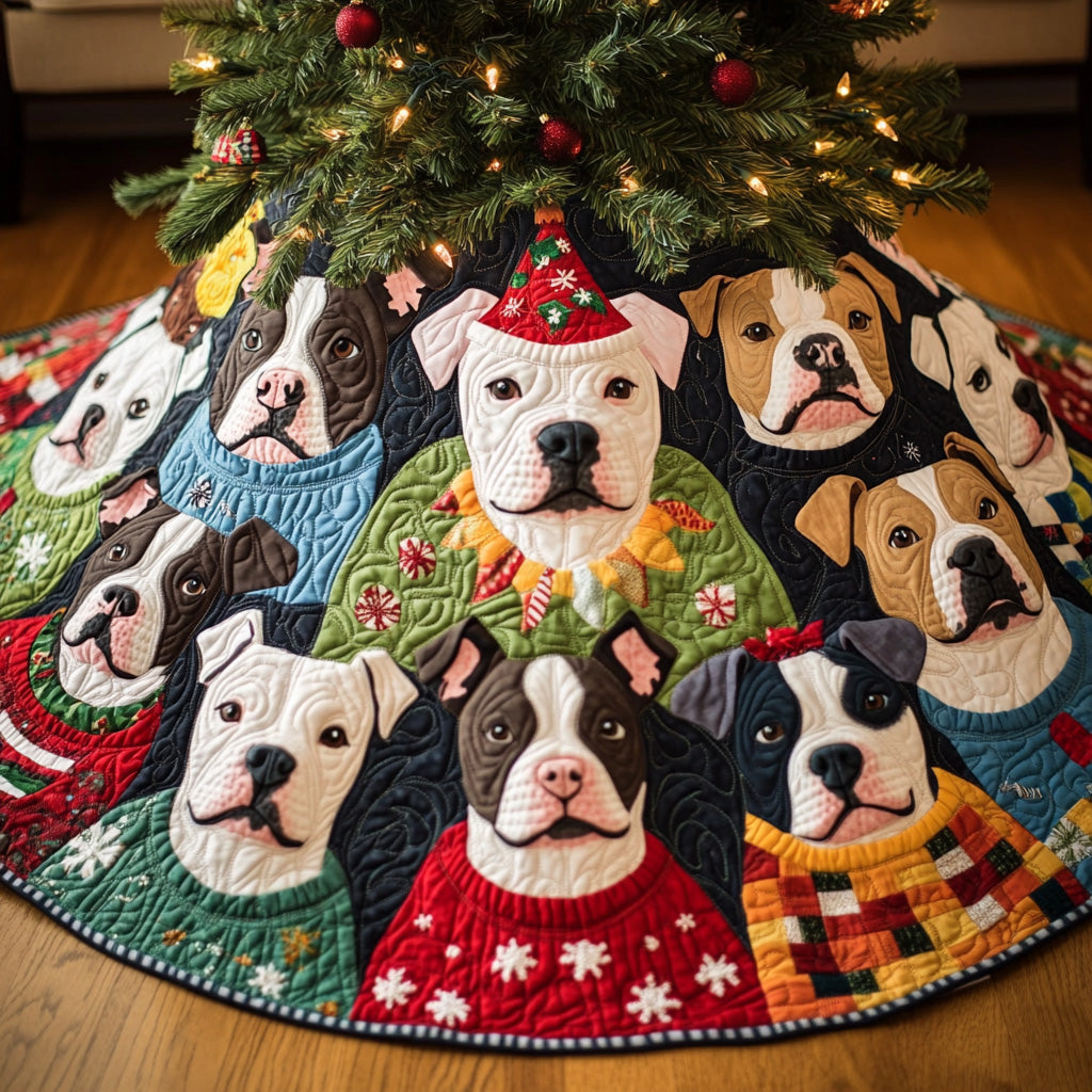 Cheerful Pitbull Pups Quilted Christmas Tree Skirt Xmas Under Tree Decoration Seasonal Tree Area Decoration