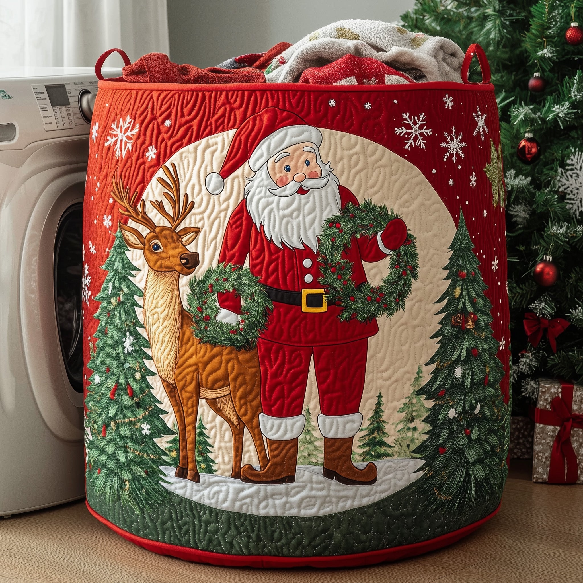 Cheerful Santa Quilted Laundry Basket Funny Santa Present For Xmas Lover