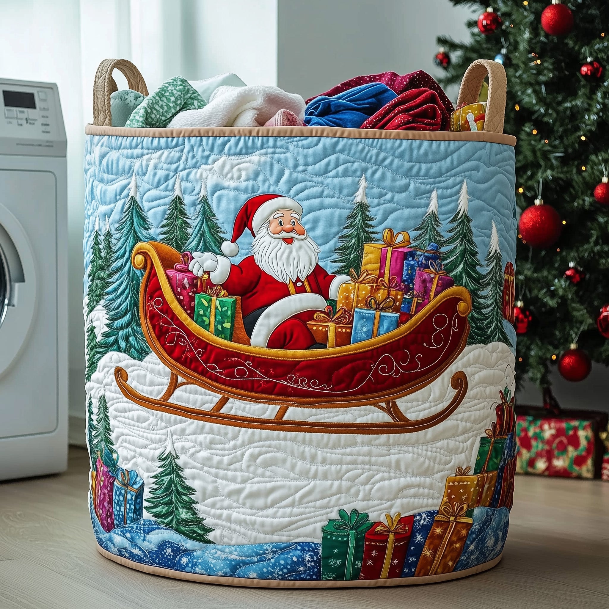 Cheerful Santa Quilted Laundry Basket Funny Santa Present For Xmas Lovers