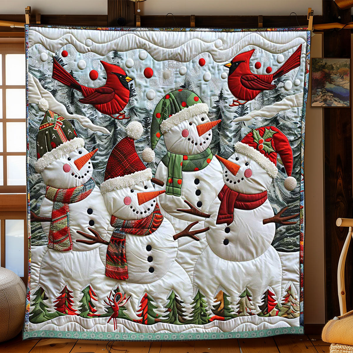 Cheerful Snowman Cardinal Quilt Blanket Christmas Blanket Best Present For Brother In Law