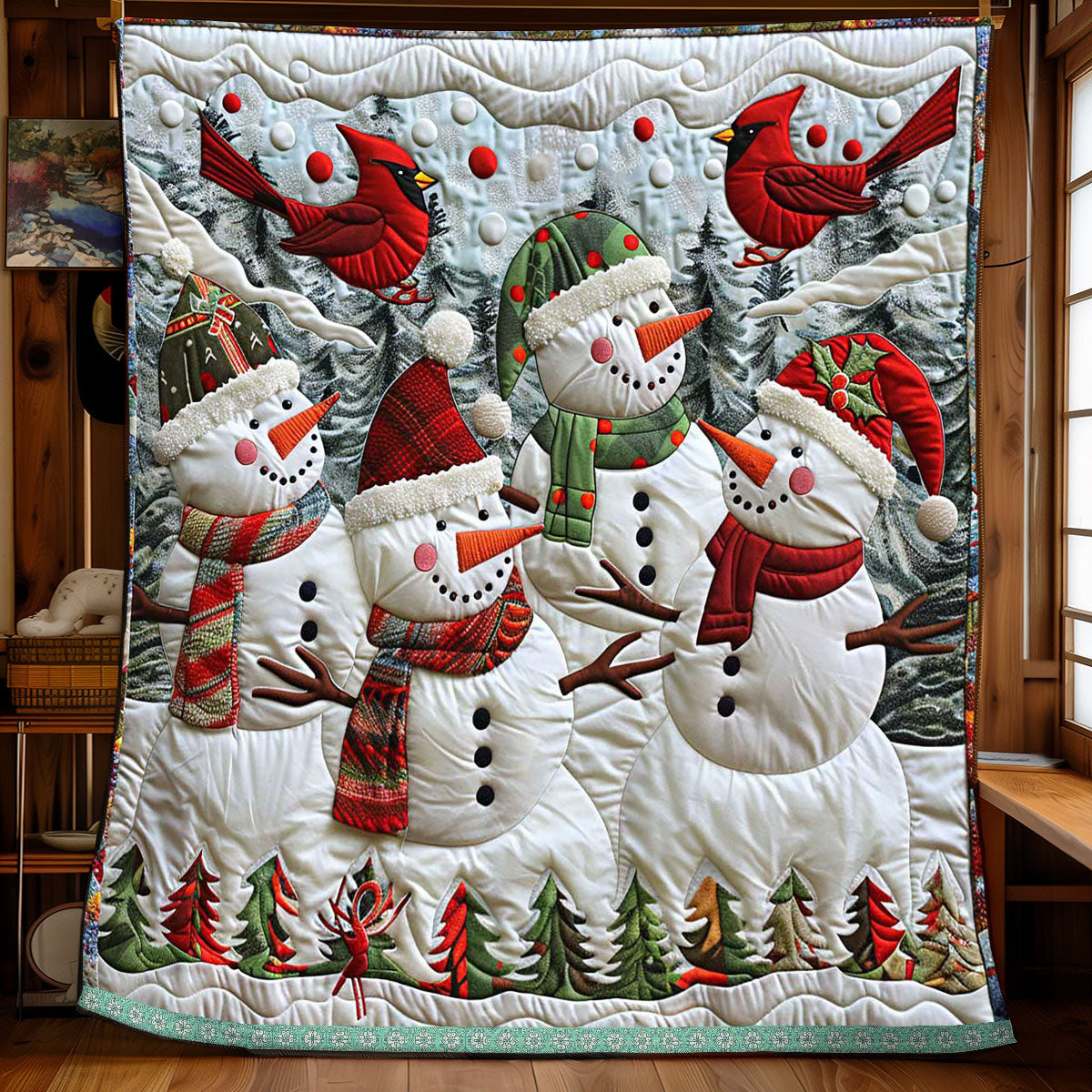 Cheerful Snowman Cardinal Quilt Blanket Christmas Blanket Best Present For Brother In Law