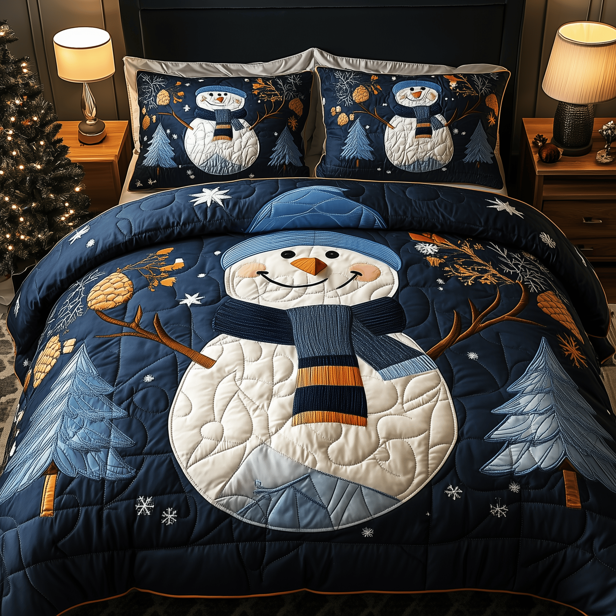 Cheerful Snowman Quilted Bedding Set Best Christmas Gift For Daughter