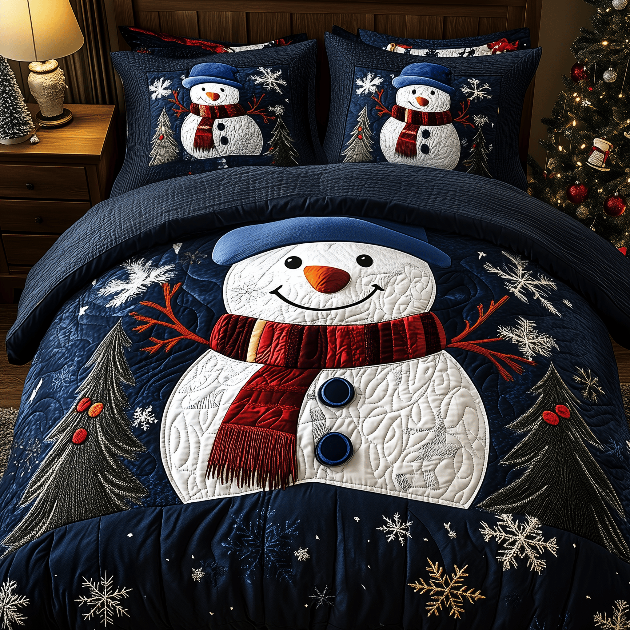 Cheerful Snowman Quilted Bedding Set Best Christmas Gifts For Daughter In Law