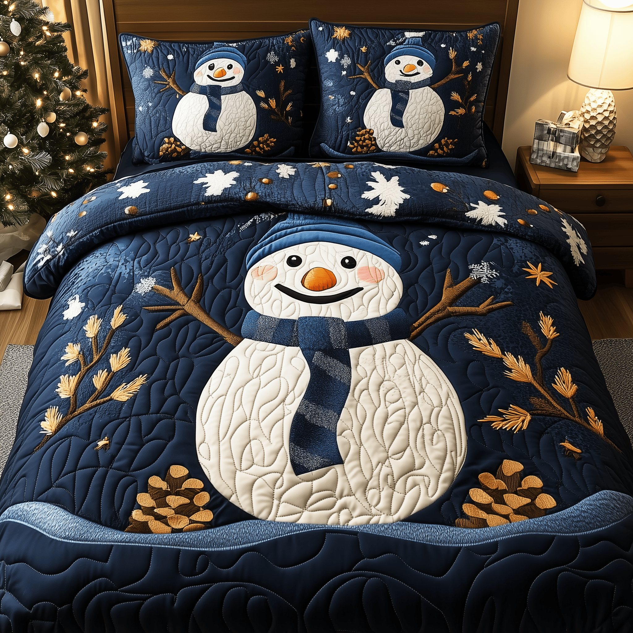 Cheerful Snowman Quilted Bedding Set Best Daughter Christmas Gifts