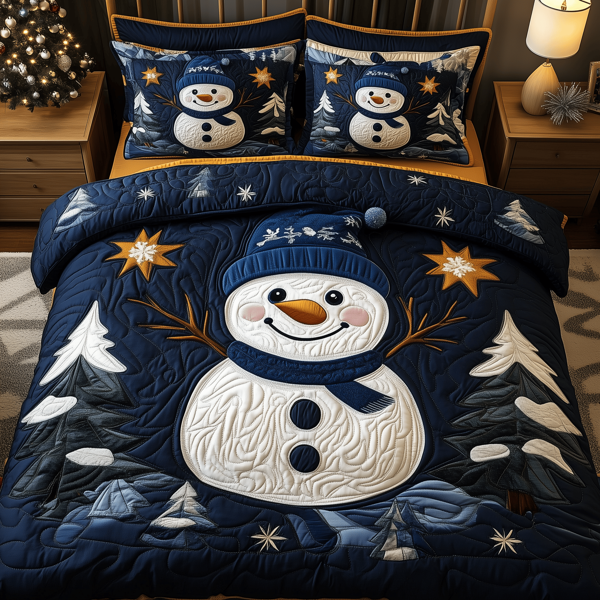Cheerful Snowman Quilted Bedding Set Best Gift For Daughter In Law For Christmas