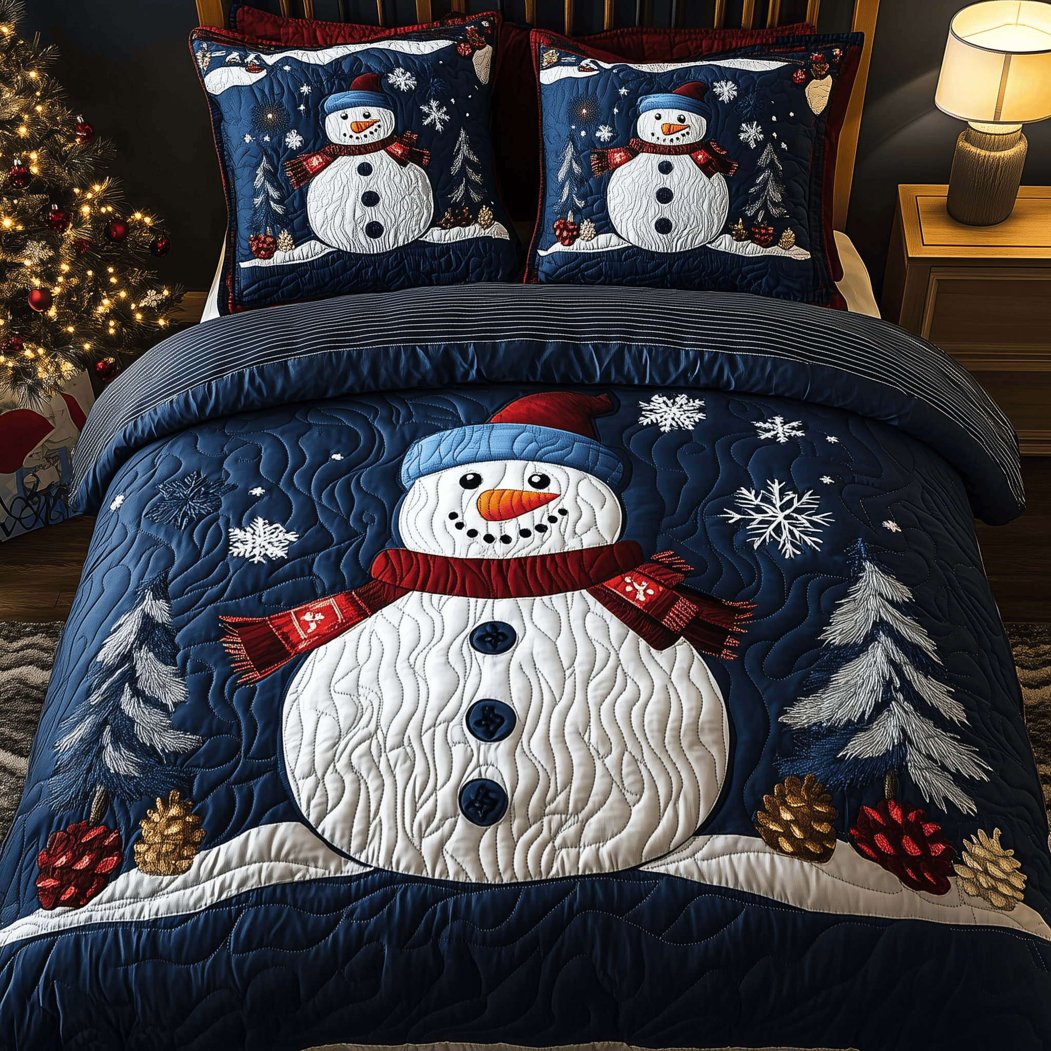 Cheerful Snowman Quilted Bedding Set Christmas Gift Ideas For Son And Daughter In Law