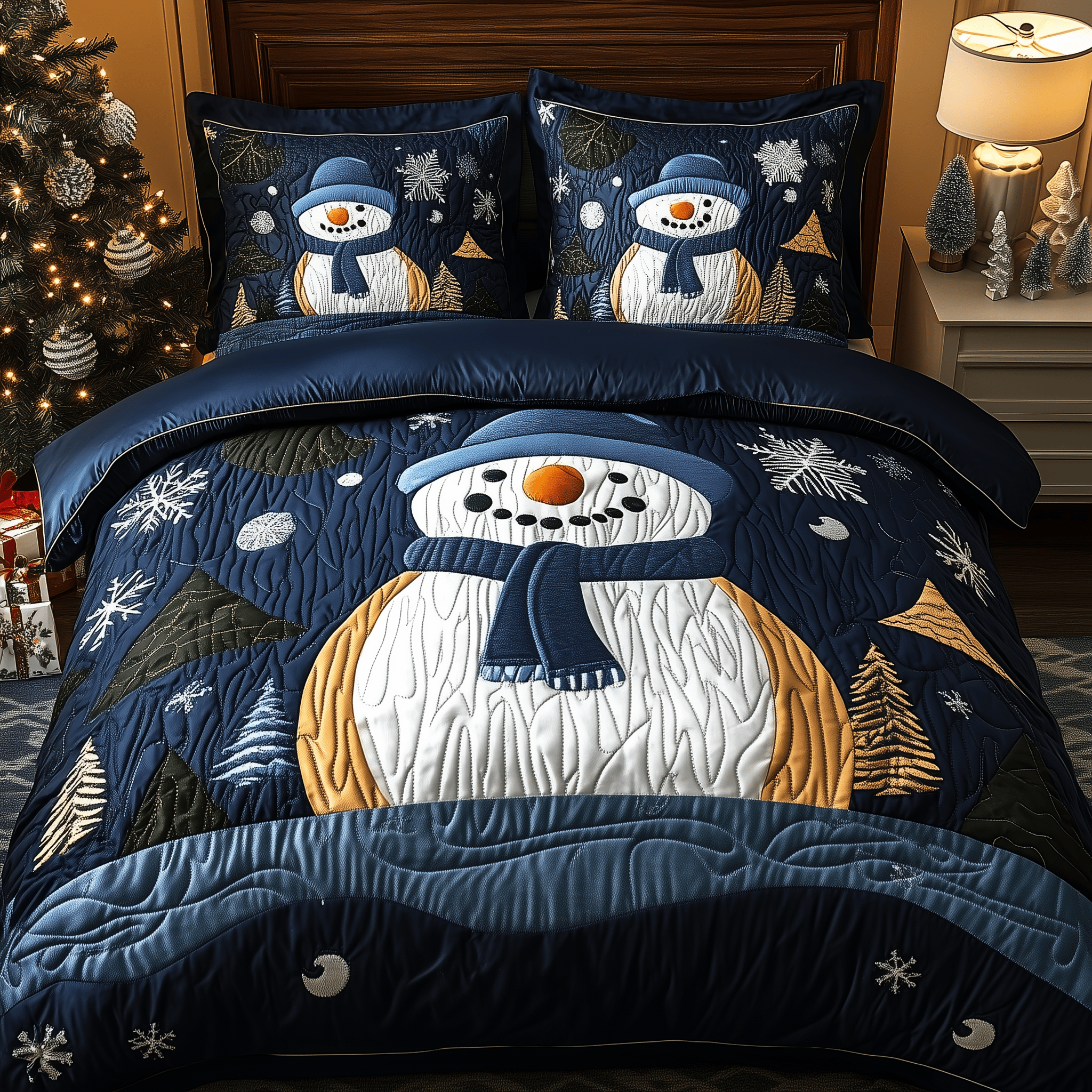 Cheerful Snowman Quilted Bedding Set Dad And Daughter Ornament