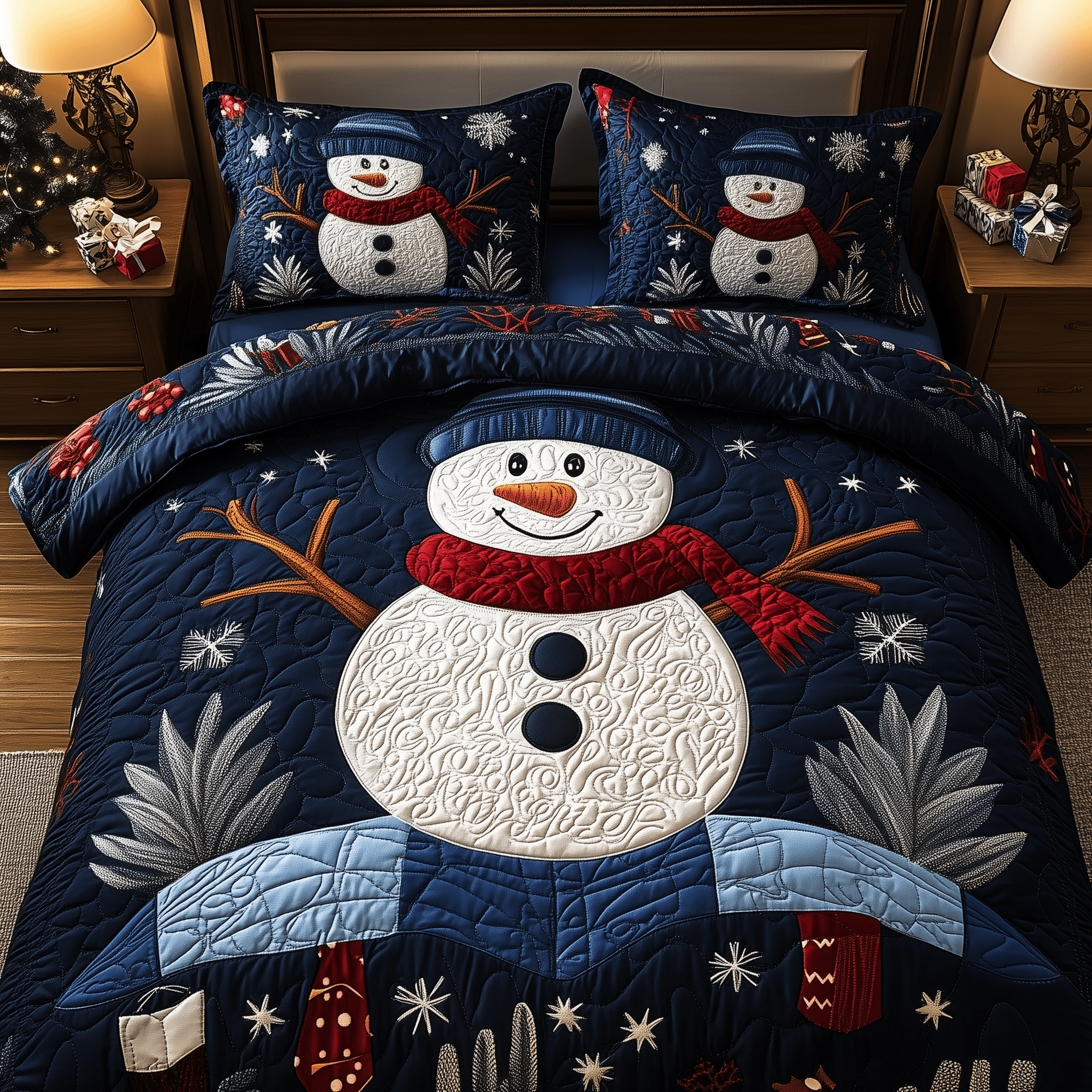 Cheerful Snowman Quilted Bedding Set Father Daughter Ornament