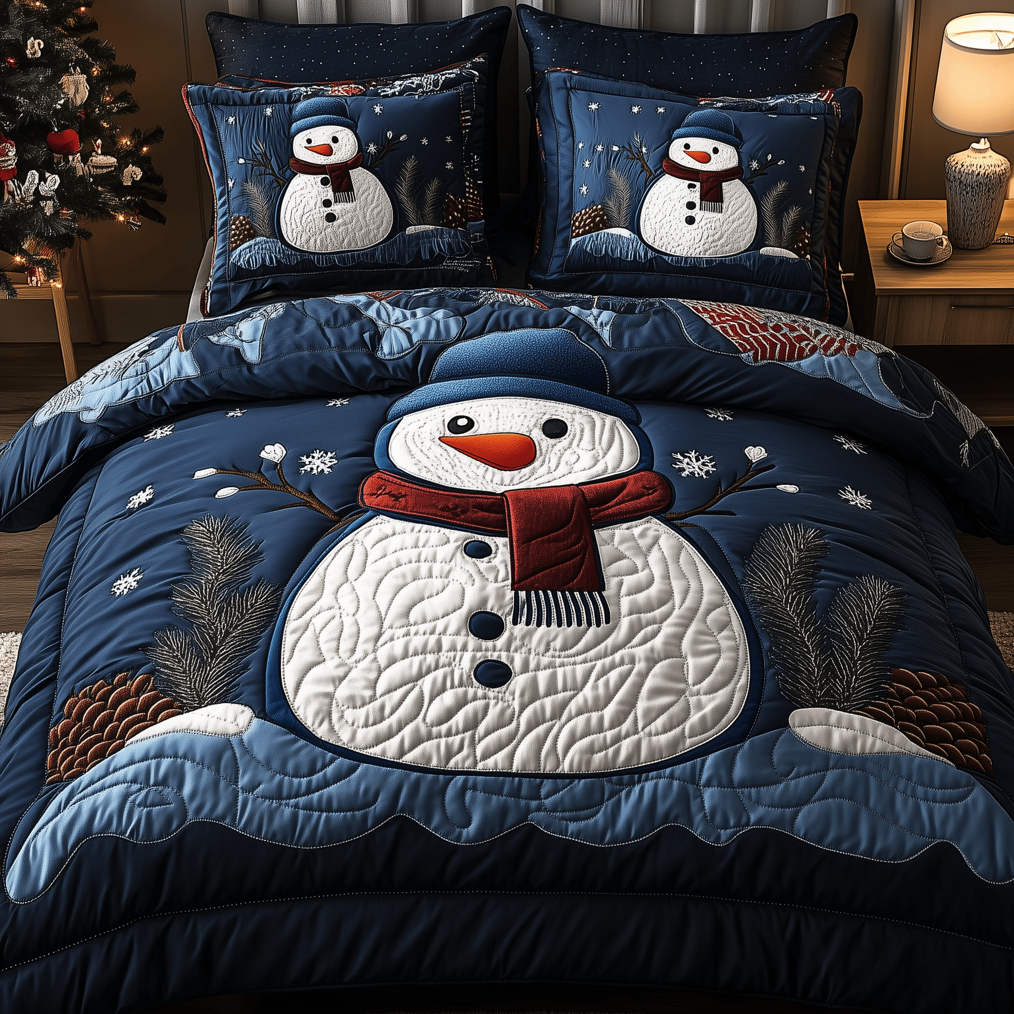 Cheerful Snowman Quilted Bedding Set Snow Globe Daughter