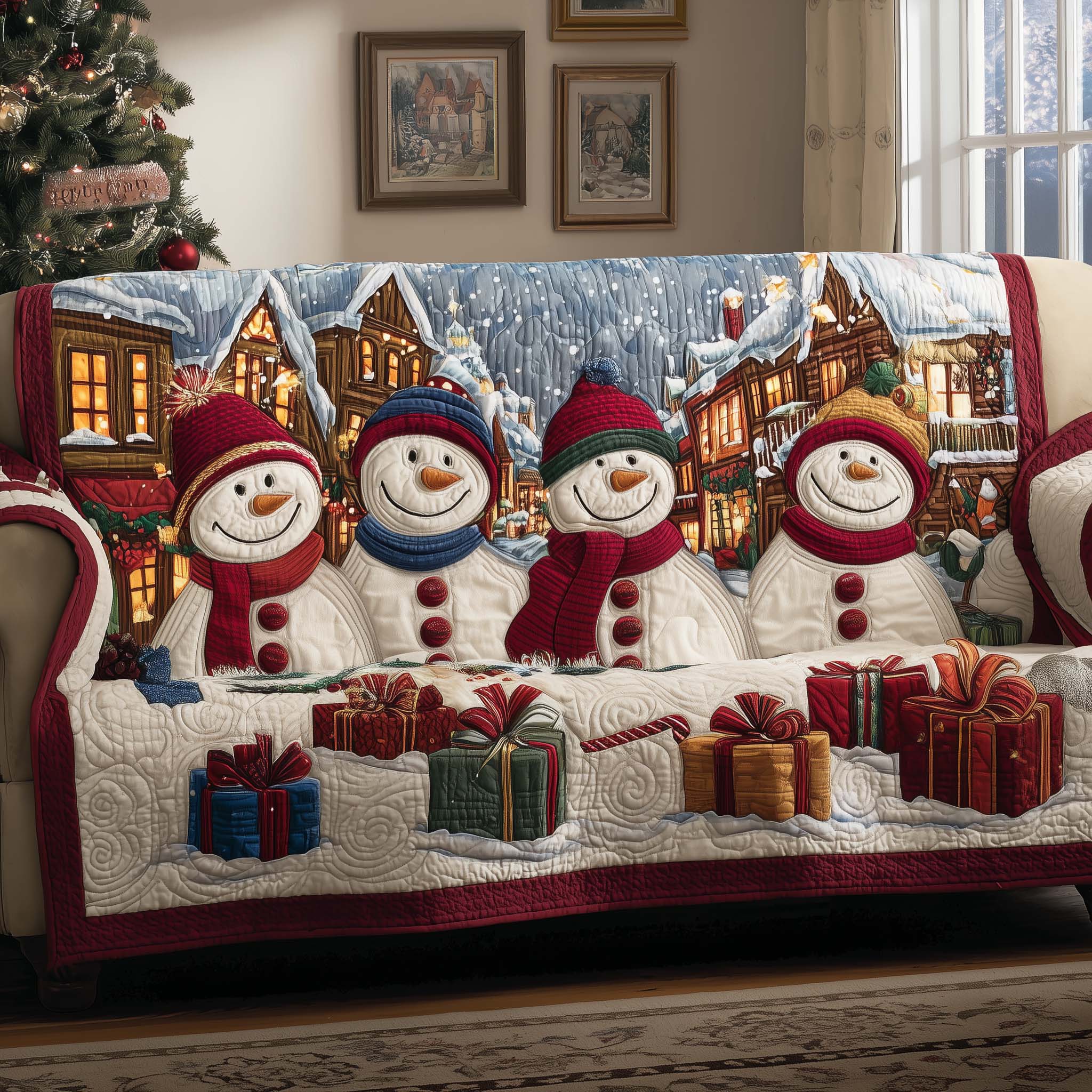 Cheerful Snowman Quilted Sofa Cover Bright Snowman Vibrant Colors The Best Idea Christmas Gifts