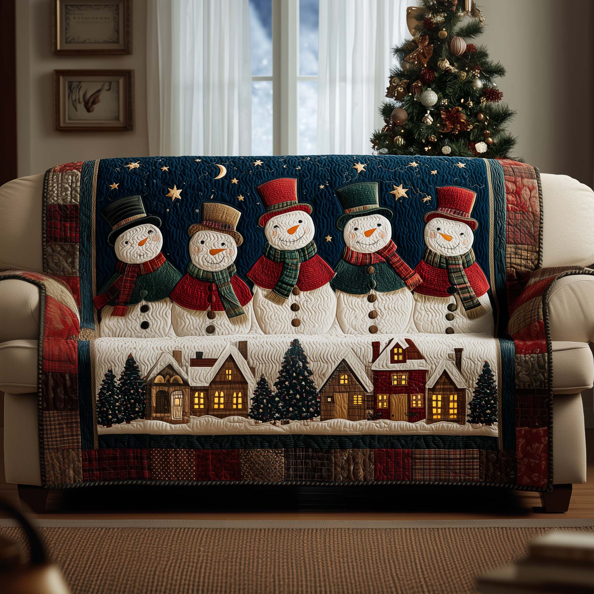 Cheerful Snowman Quilted Sofa Cover Festive Snowman Face Motif Presents For Family