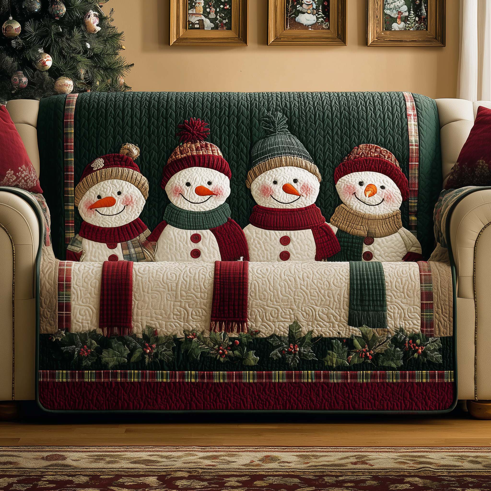 Cheerful Snowman Quilted Sofa Cover Happy Snowman Design Sofa Christmas Gifts For Her