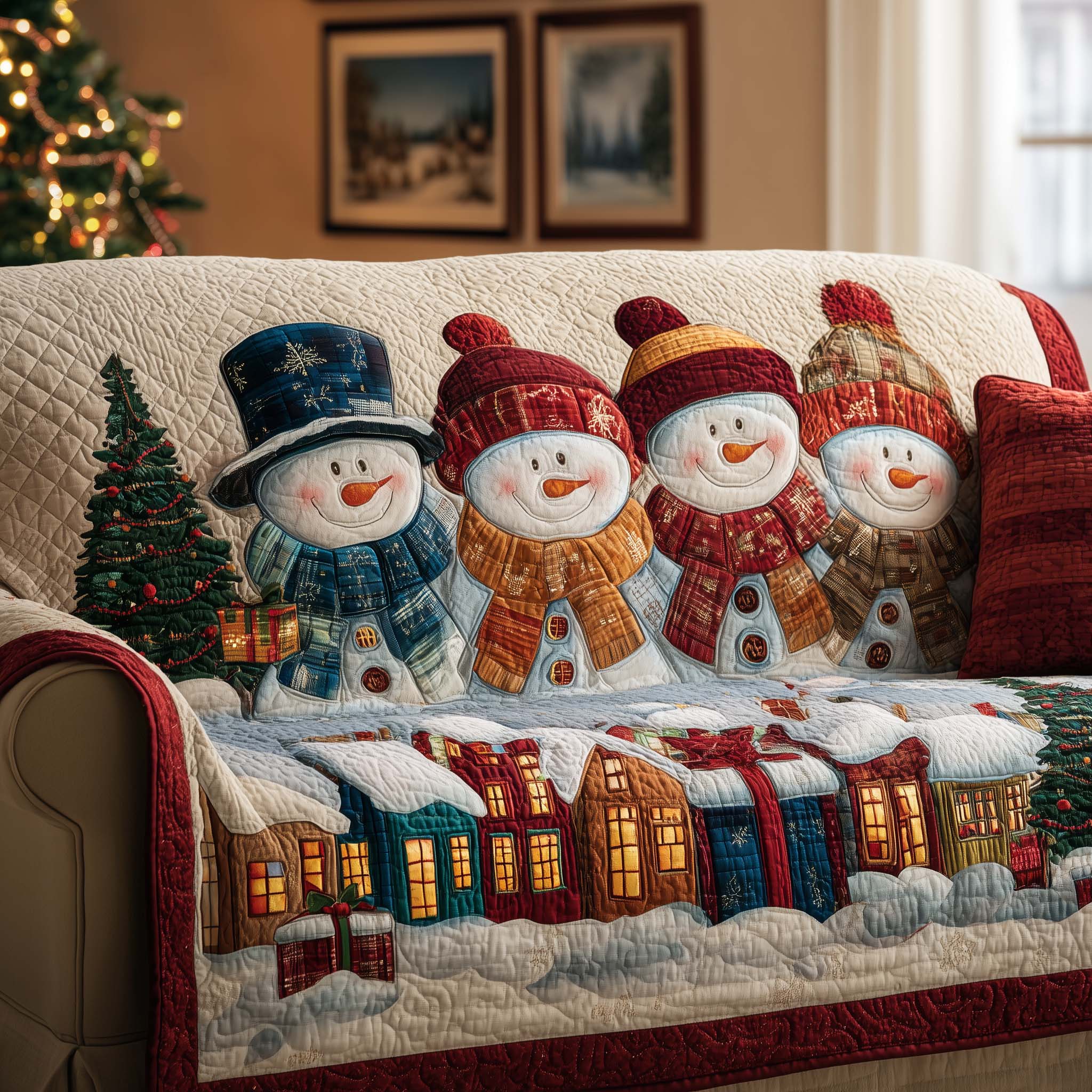 Cheerful Snowman Quilted Sofa Cover Happy Winter Character Perfect Gifts For Christmas Holiday