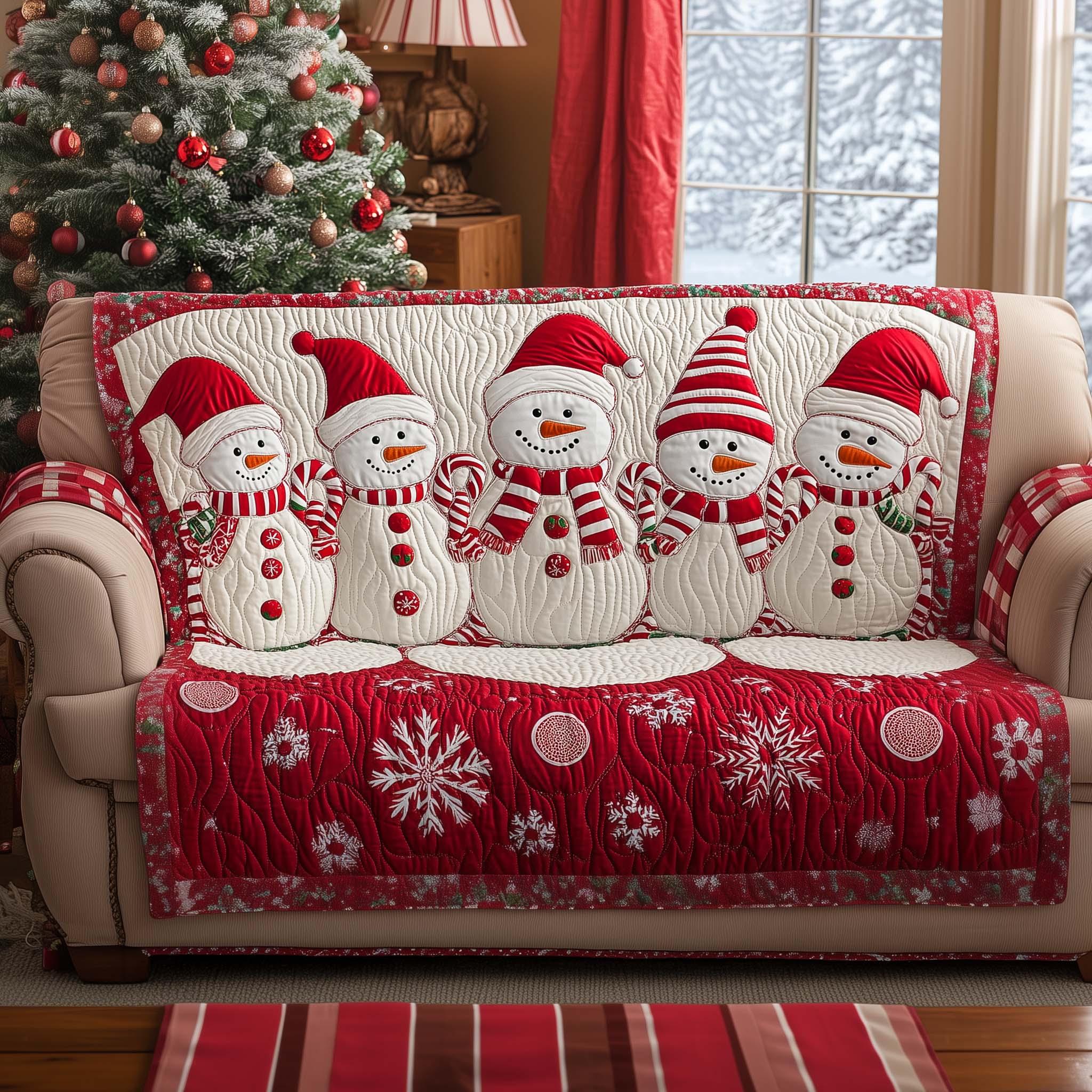 Cheerful Snowman Quilted Sofa Cover Jolly Winter Snowman Protector Presents For Family