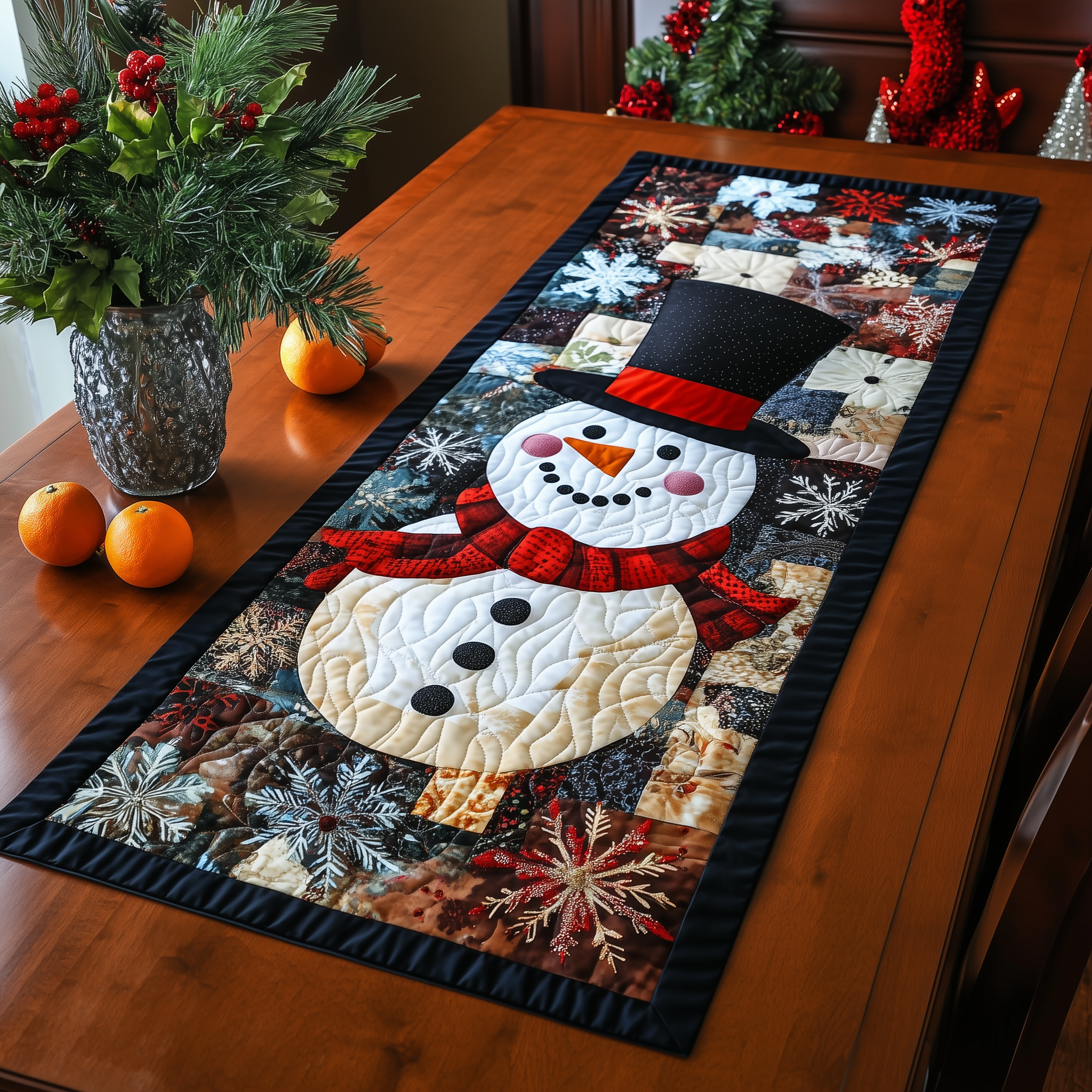 Cheerful Snowman Quilted Table Runner Christmas Holiday Dining Xmas Table Runner House Decorations