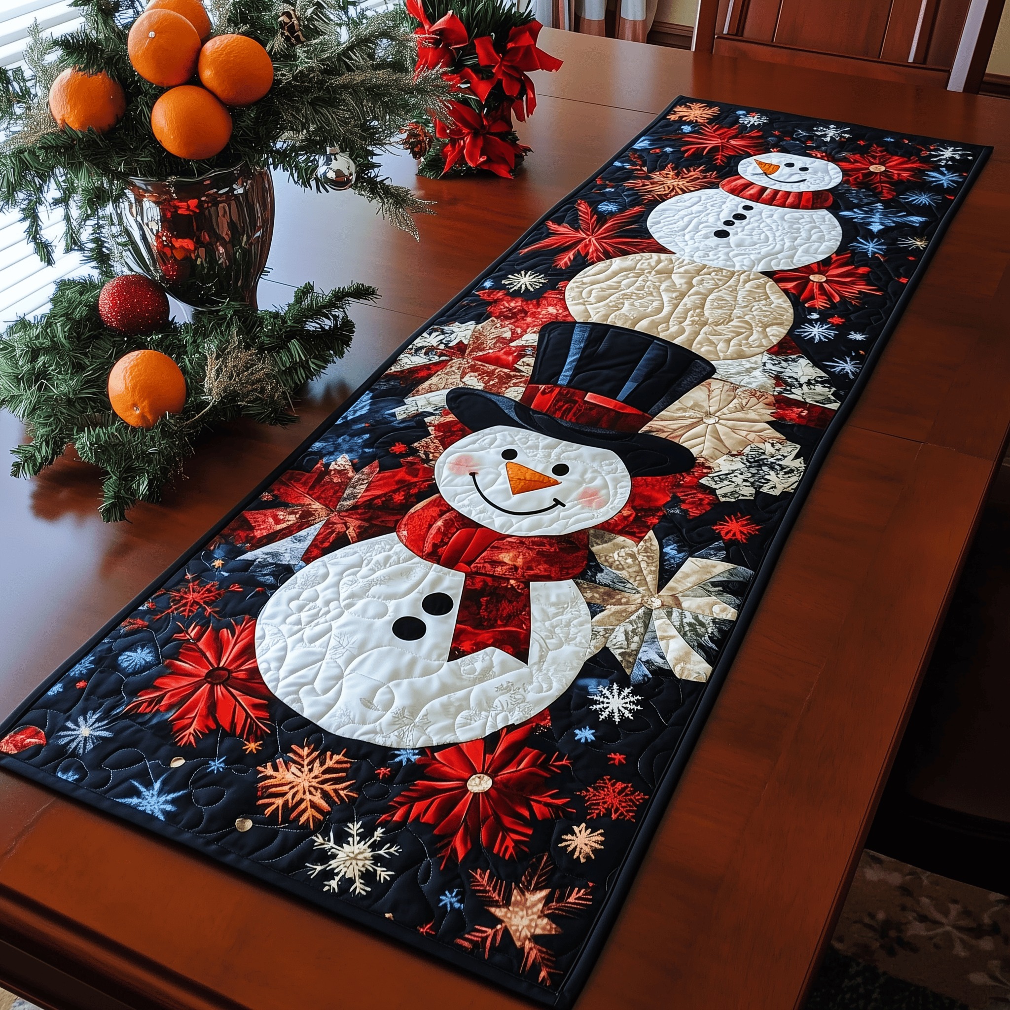 Cheerful Snowman Quilted Table Runner Christmas Holiday Dining Xmas Table Runner Indoor Decorations