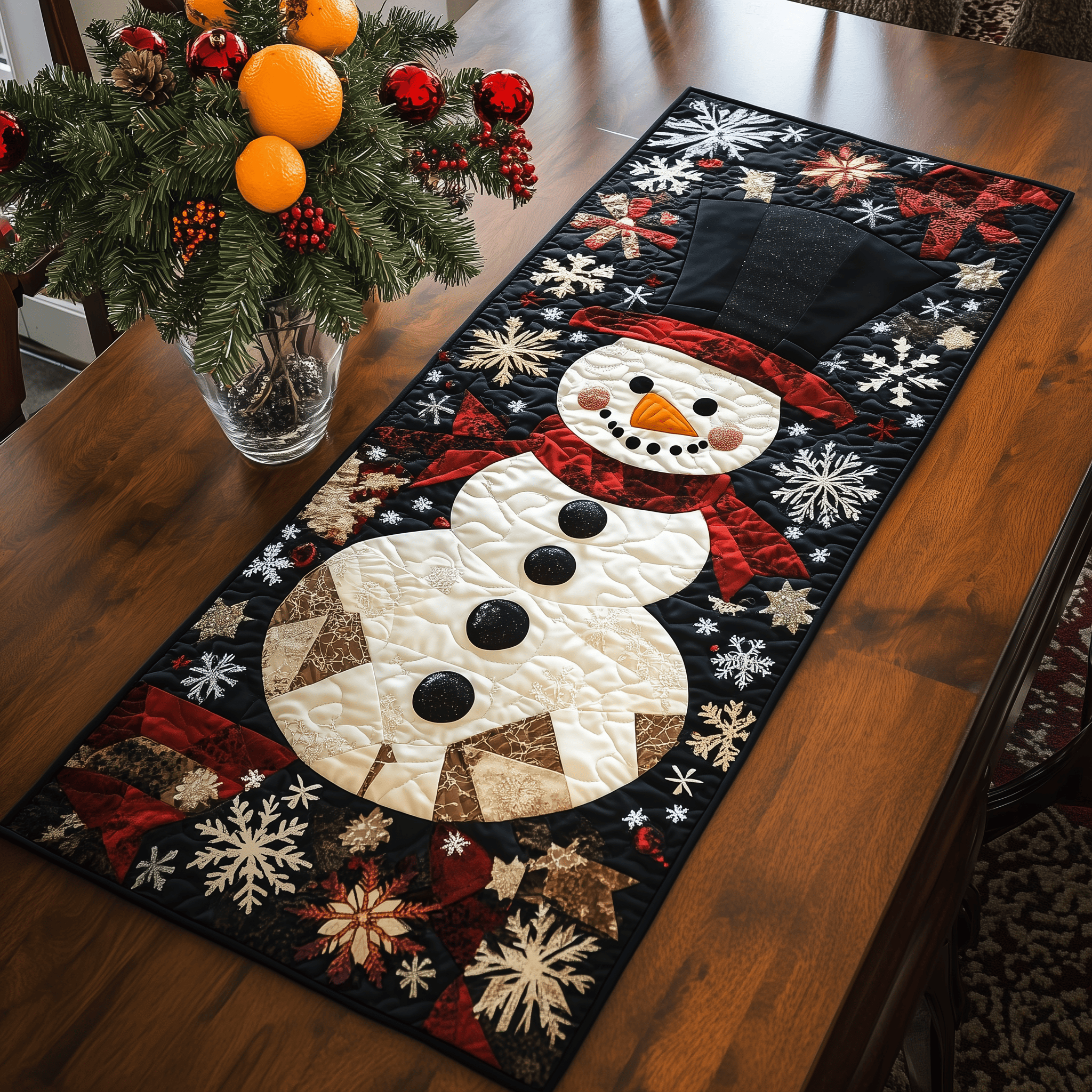 Cheerful Snowman Quilted Table Runner Christmas Holiday Dining Xmas Table Runner Indoor Decorations