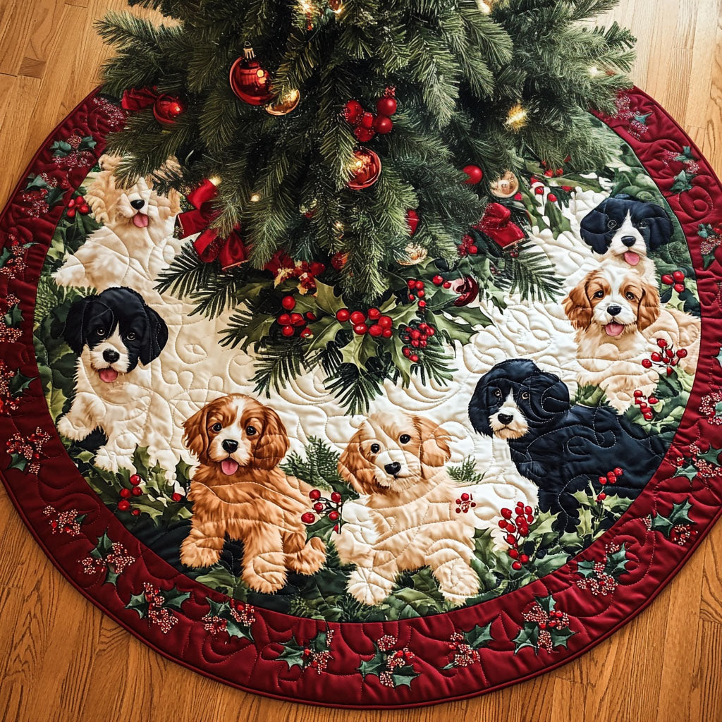 Cheerful Spaniel Quilted Christmas Tree Skirt Xmas Under-Tree Decoration