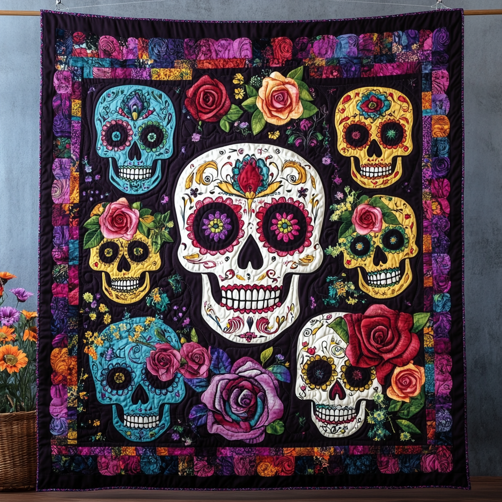 Cheerful Sugar Skull Quilted Blanket Skull Presents For Her