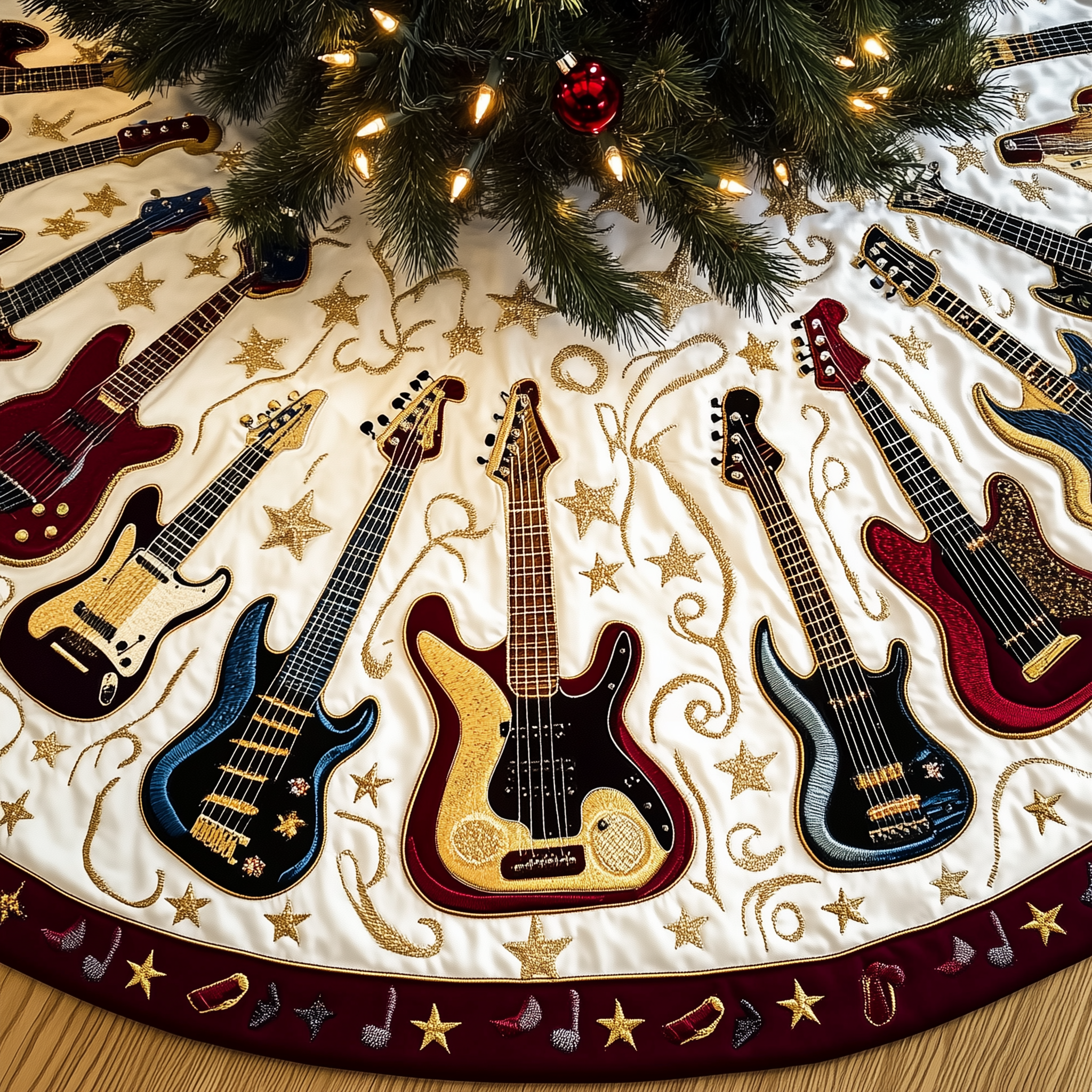 Cheerful Swirl Guitars Quilted Tree Skirt Cozy Home Decor Gift Merch