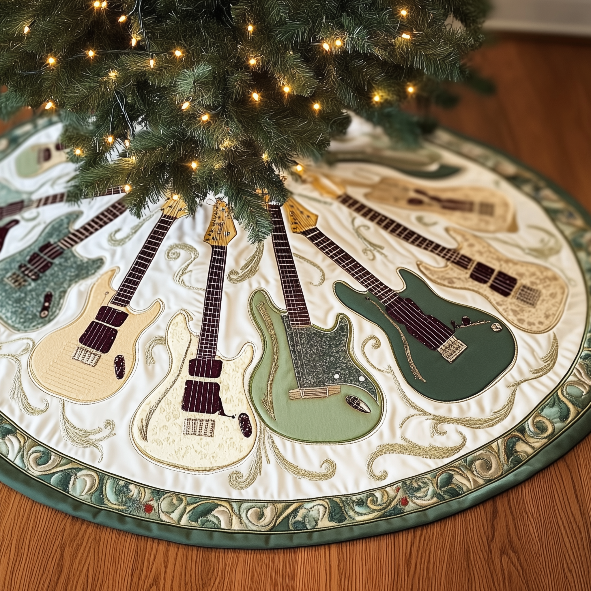 Cheerful Swirl Guitars Quilted Tree Skirt Warm Gift Merch For Family